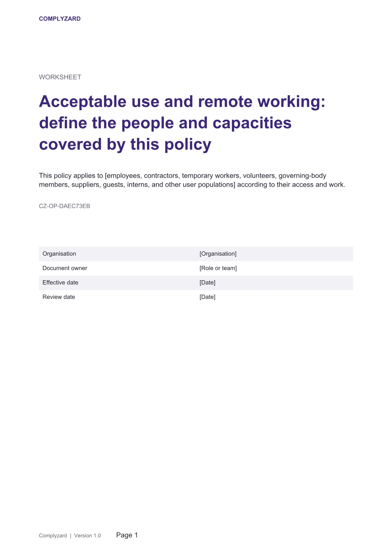 Cover of Acceptable use and remote working: define the people and capacities covered by this policy