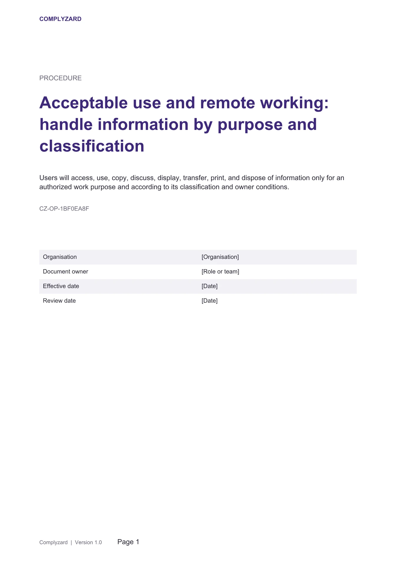 Cover of Acceptable use and remote working: handle information by purpose and classification