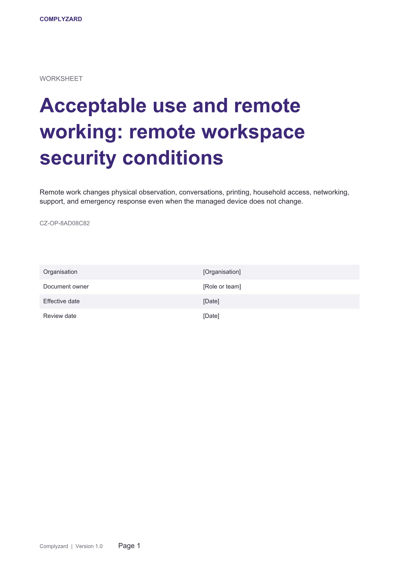 Cover of Acceptable use and remote working: remote workspace security conditions