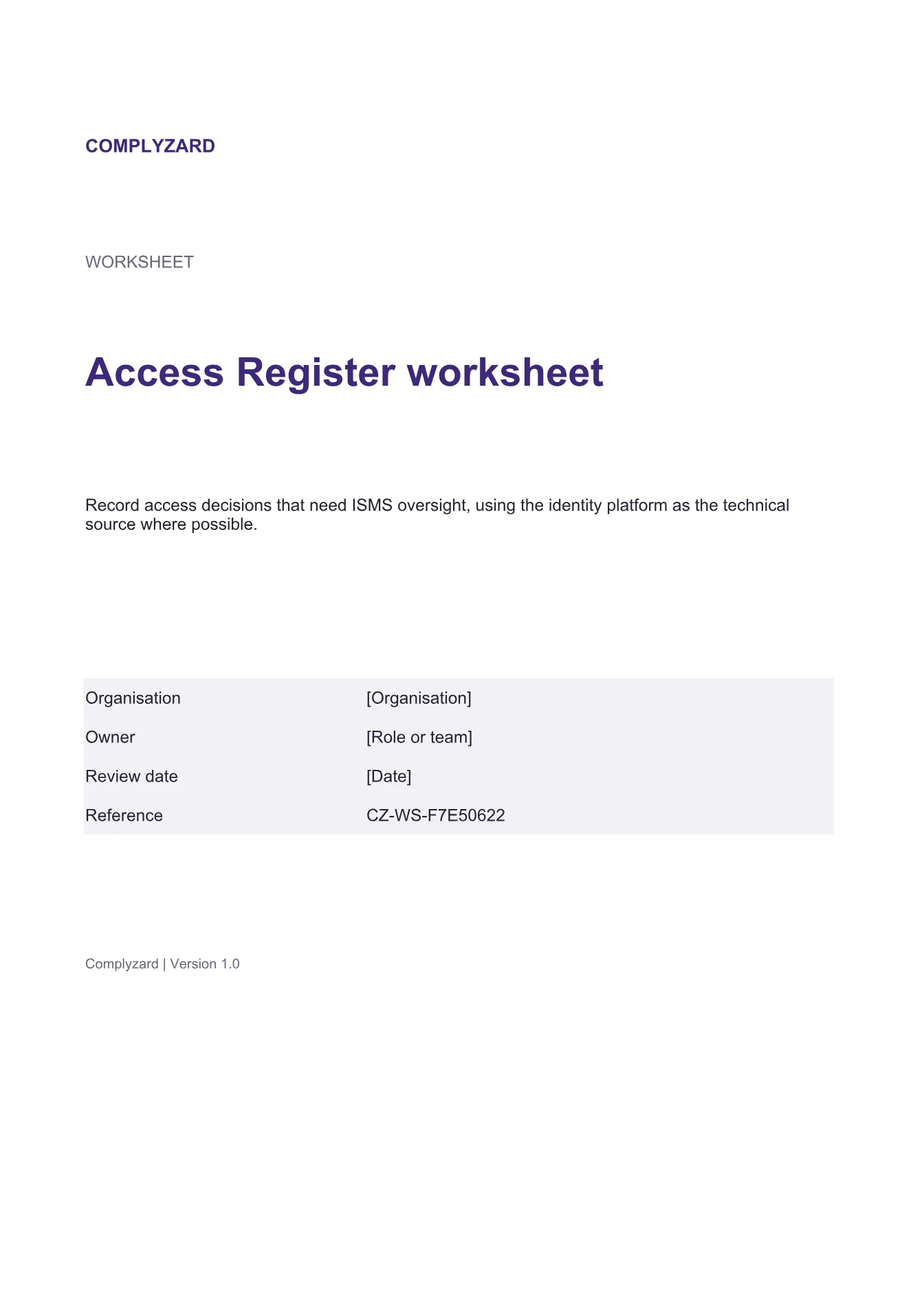 Cover of Access Register worksheet