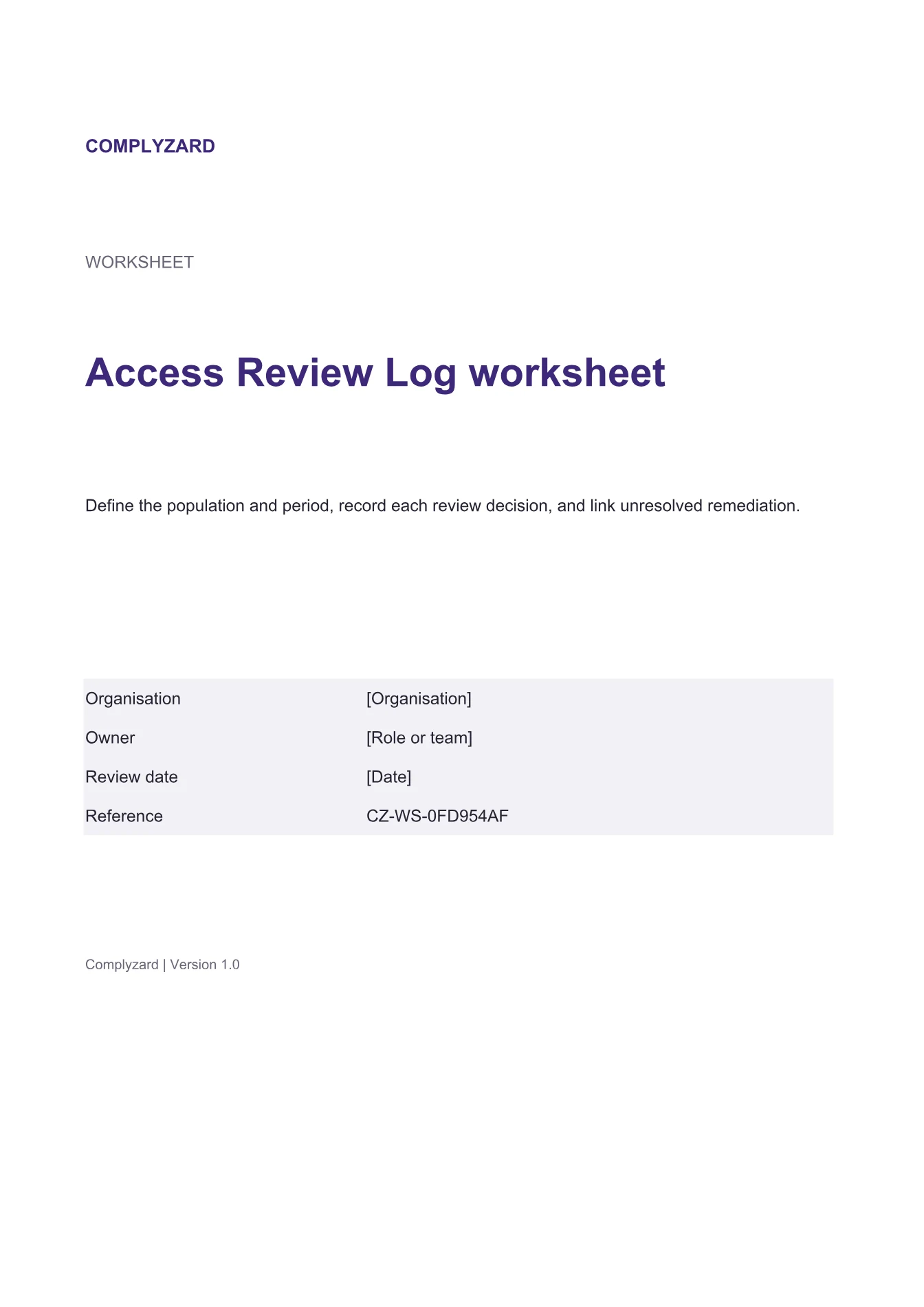 Cover of Access Review Log worksheet