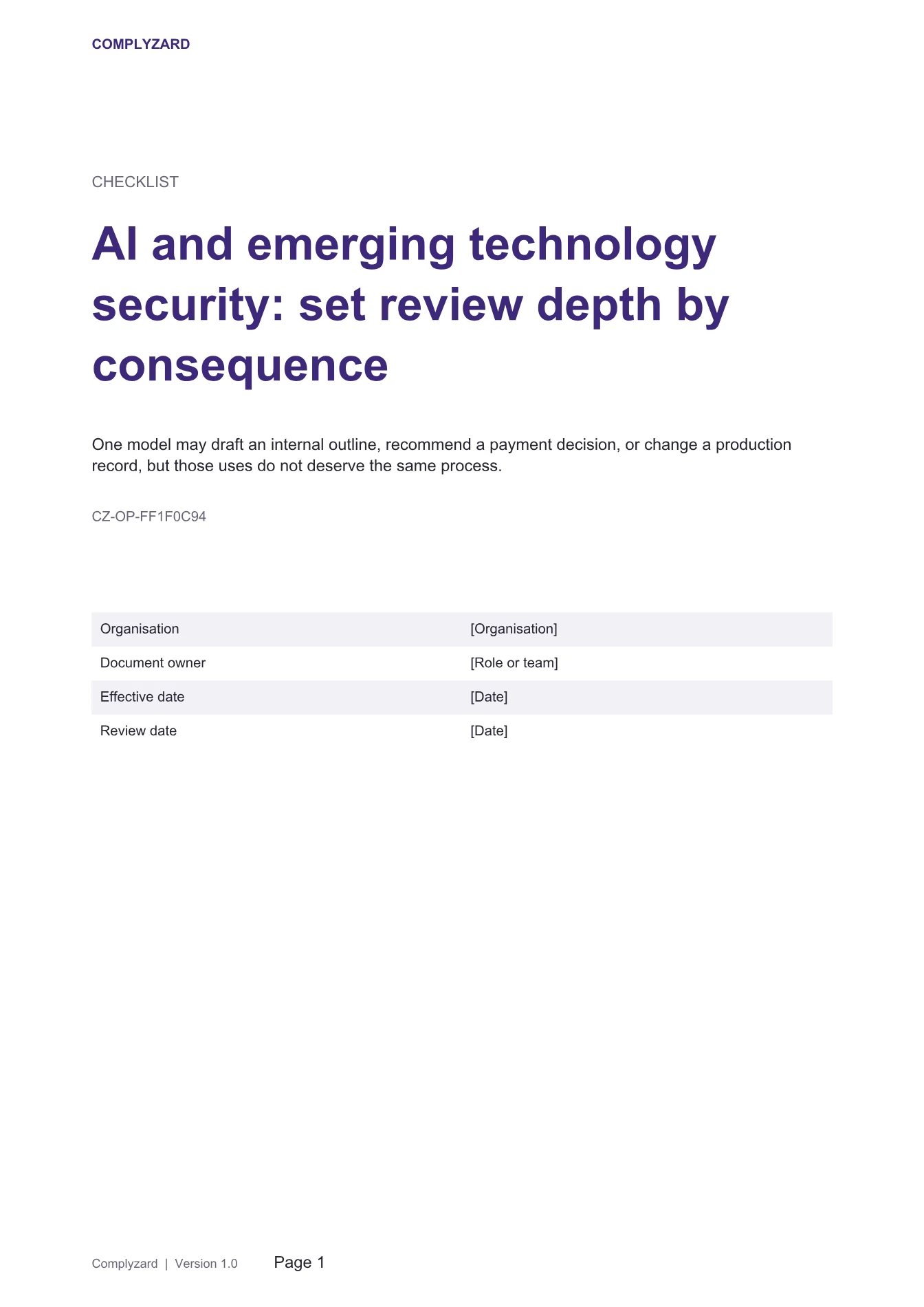 Cover of AI and emerging technology security: set review depth by consequence