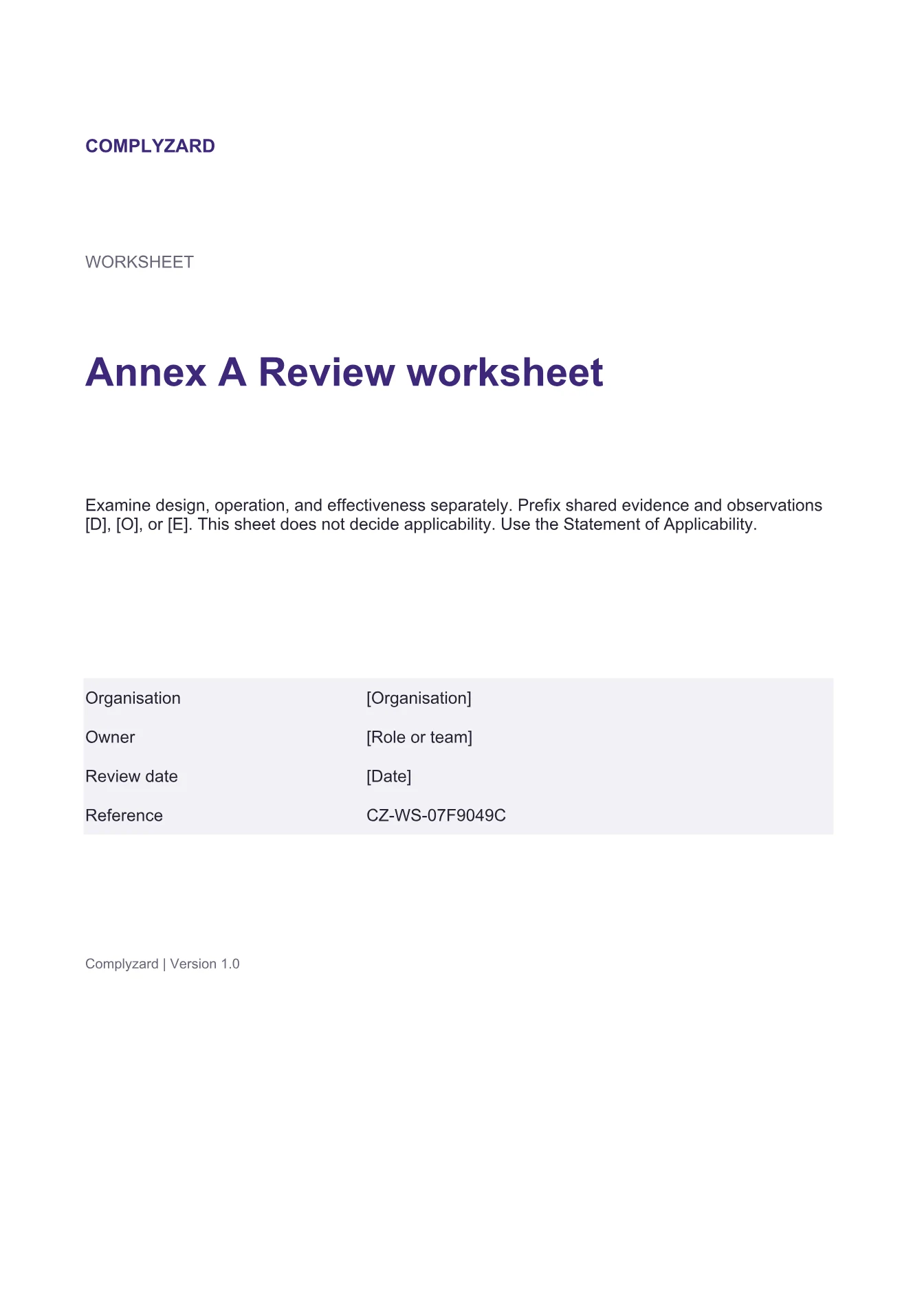 Cover of Annex A Review worksheet