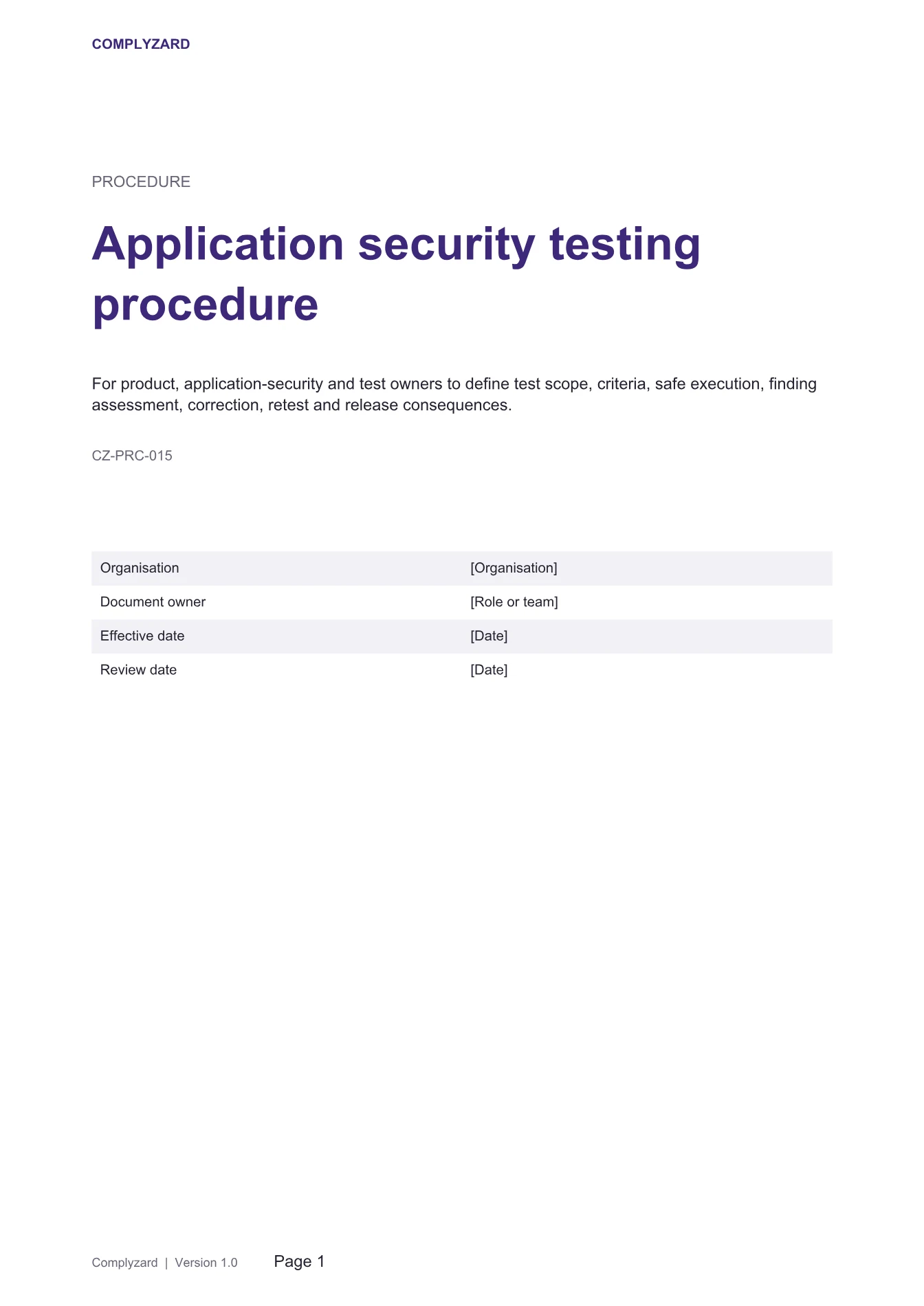 Cover of Application security testing procedure