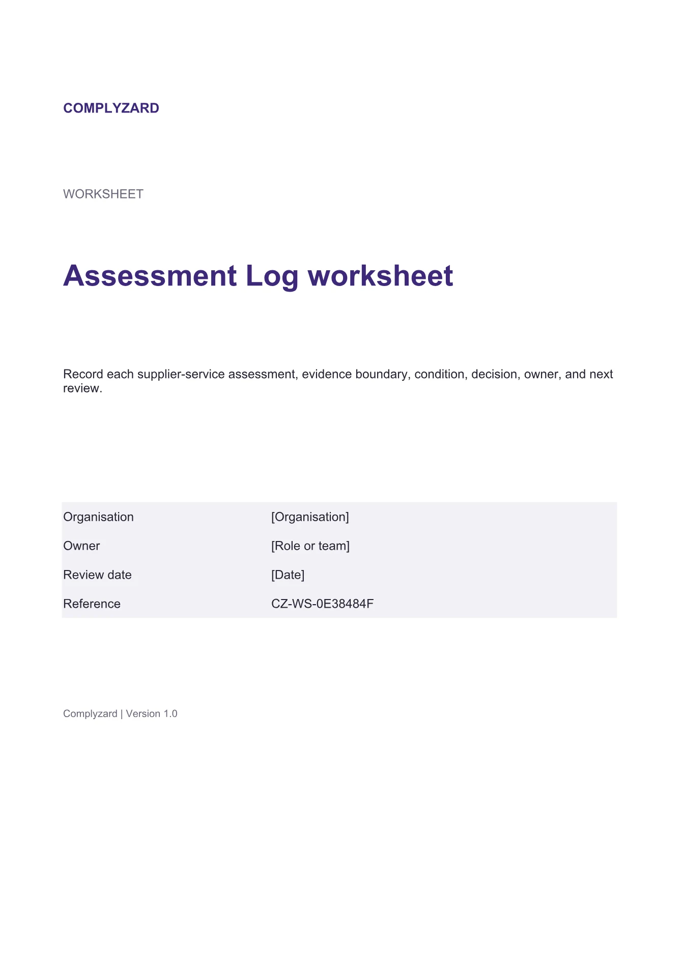 Cover of Assessment Log worksheet