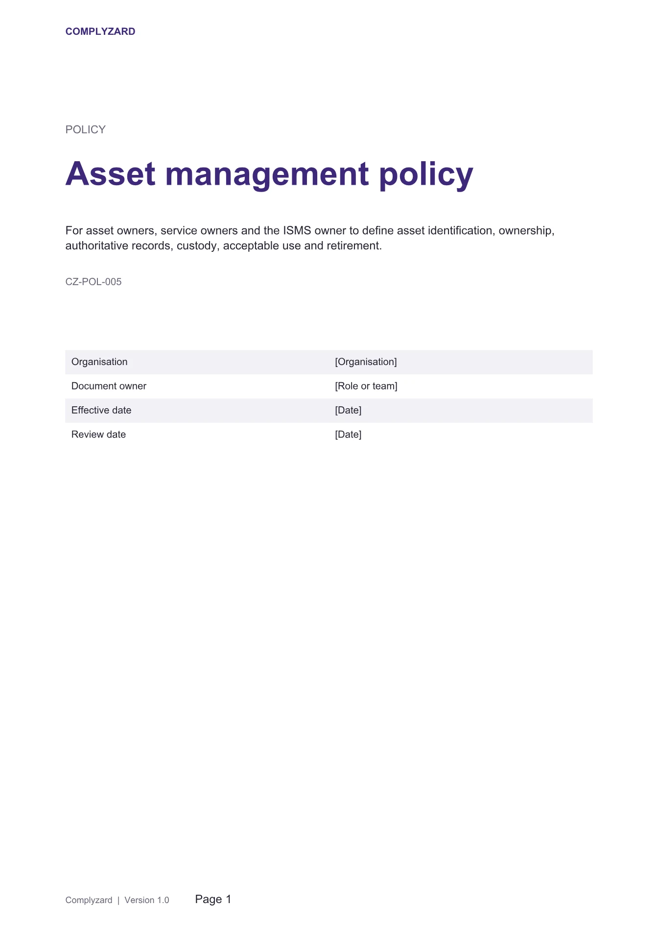 Cover of Asset management policy