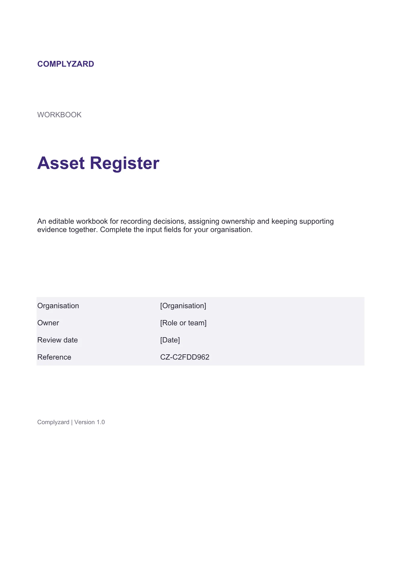 Cover of Asset Register