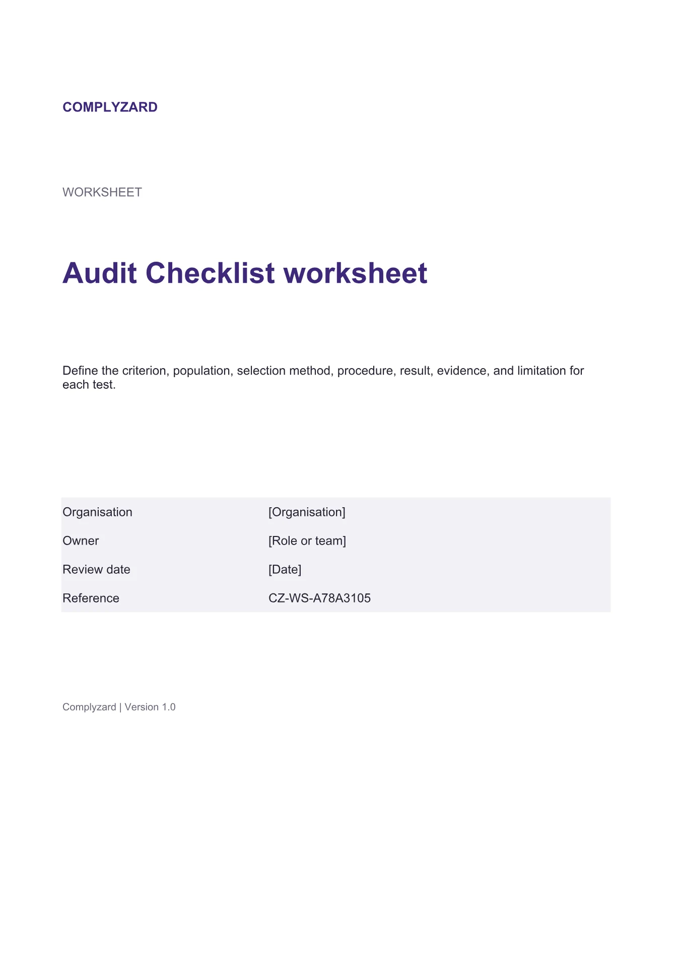Cover of Audit Checklist worksheet