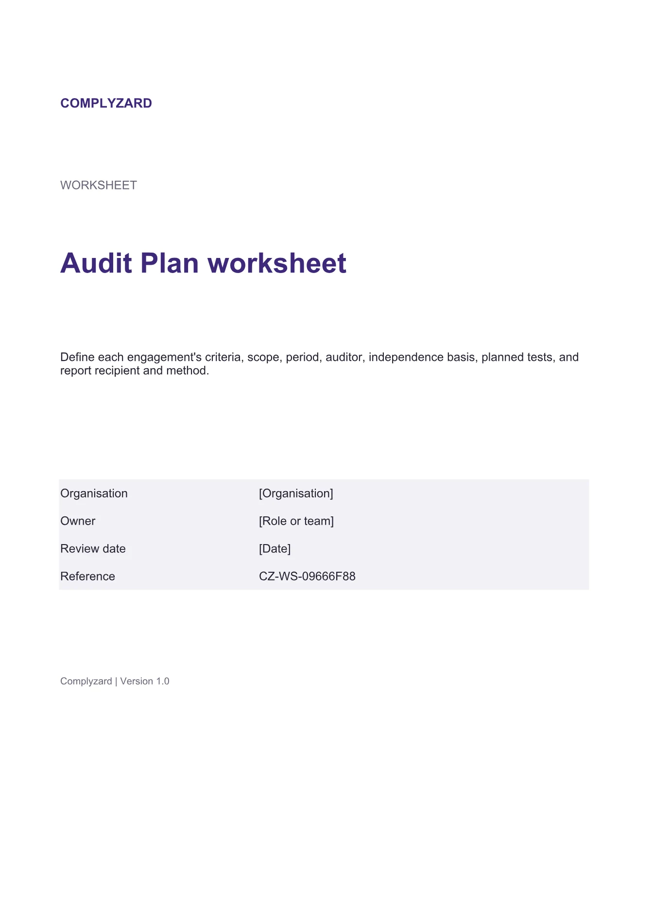 Cover of Audit Plan worksheet