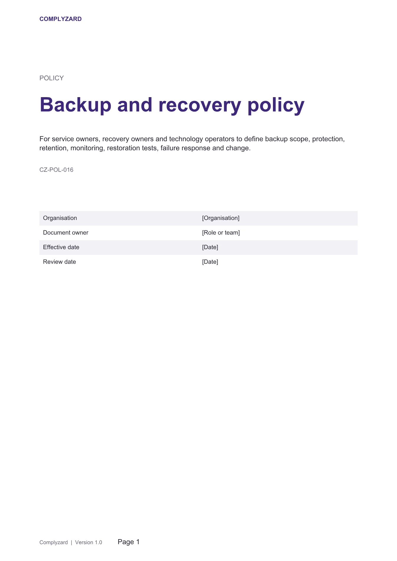 Cover of Backup and recovery policy