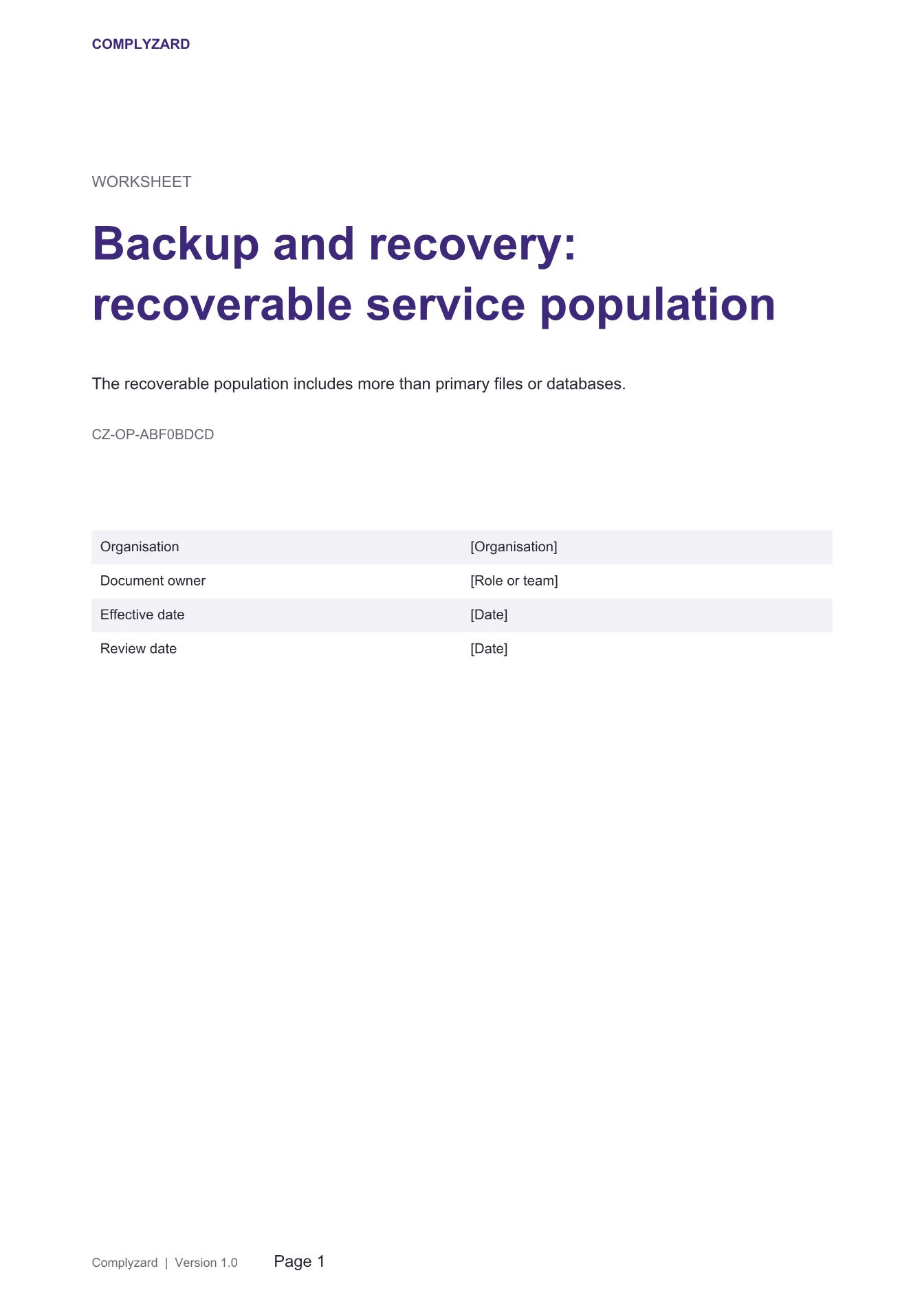 Cover of Backup and recovery: recoverable service population