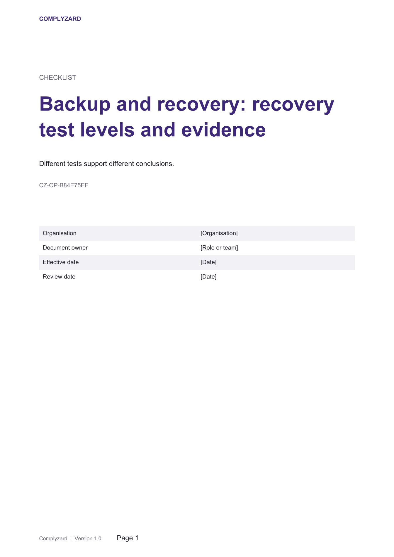 Cover of Backup and recovery: recovery test levels and evidence