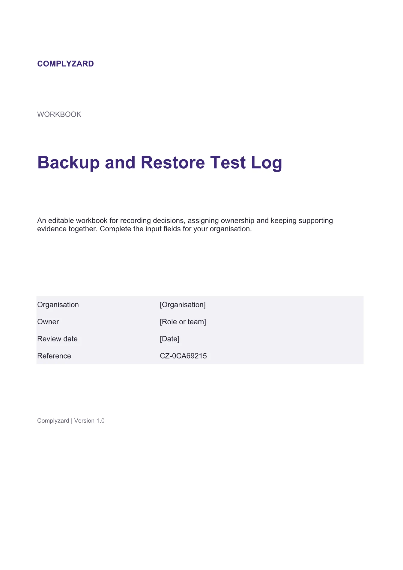 Cover of Backup and Restore Test Log