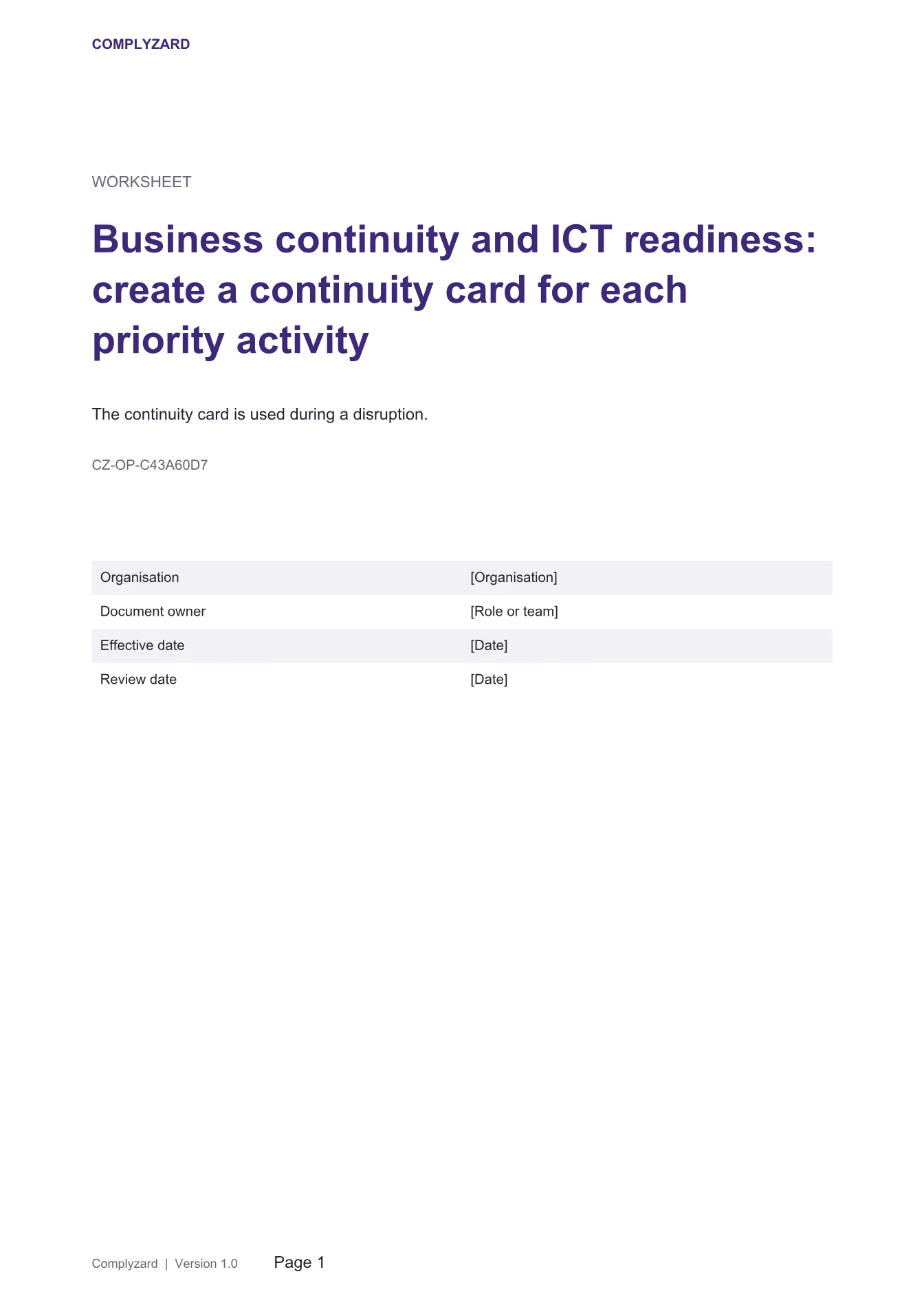 Cover of Business continuity and ICT readiness: create a continuity card for each priority activity