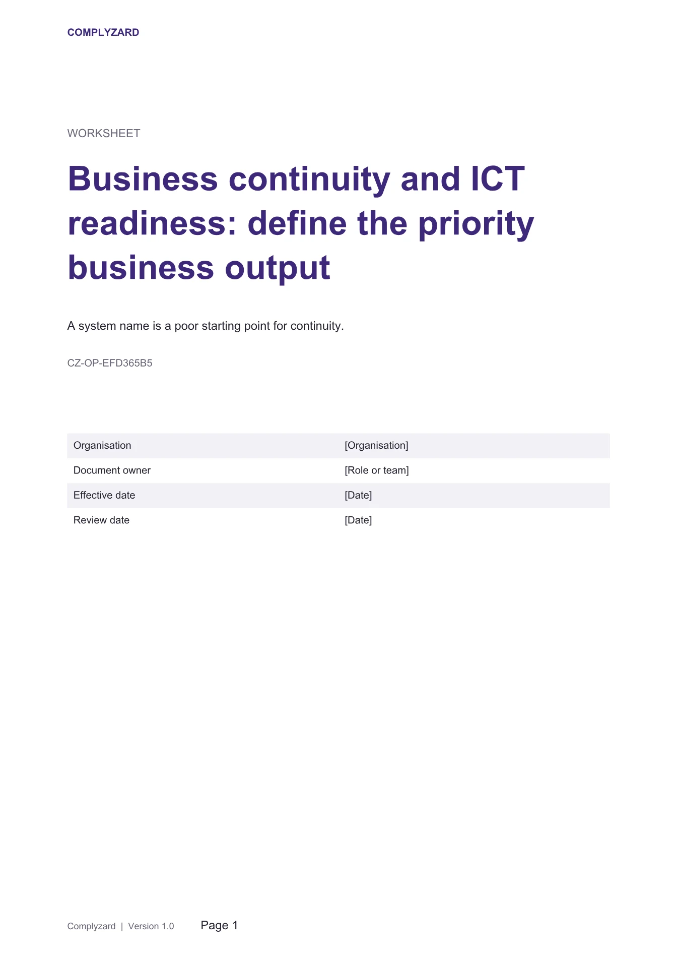 Cover of Business continuity and ICT readiness: define the priority business output