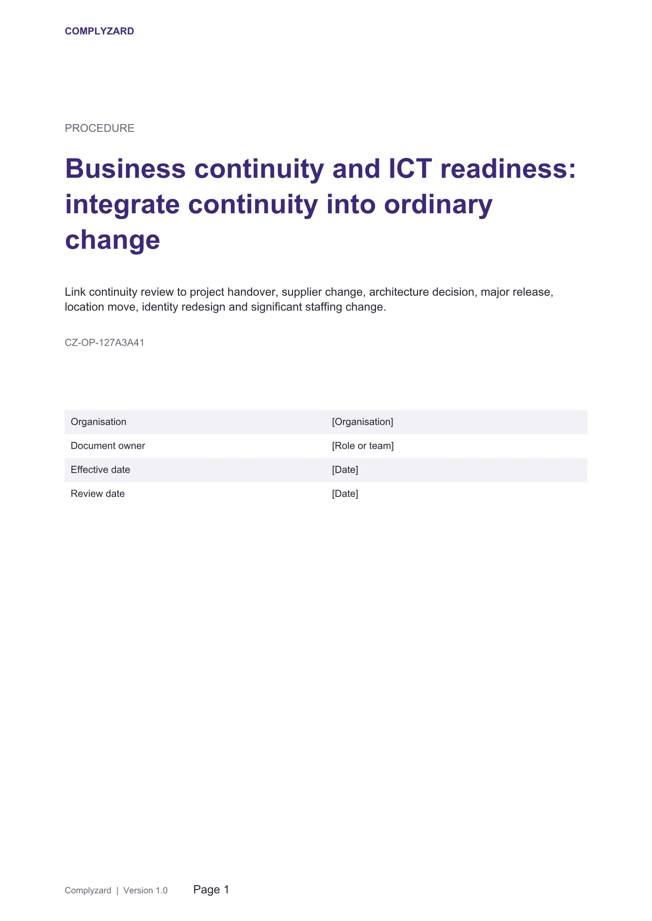 Cover of Business continuity and ICT readiness: integrate continuity into ordinary change