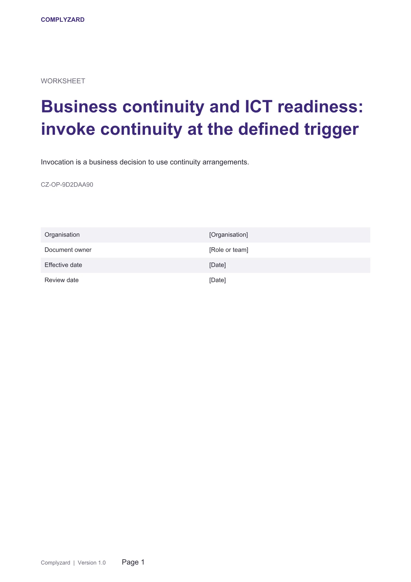 Cover of Business continuity and ICT readiness: invoke continuity at the defined trigger