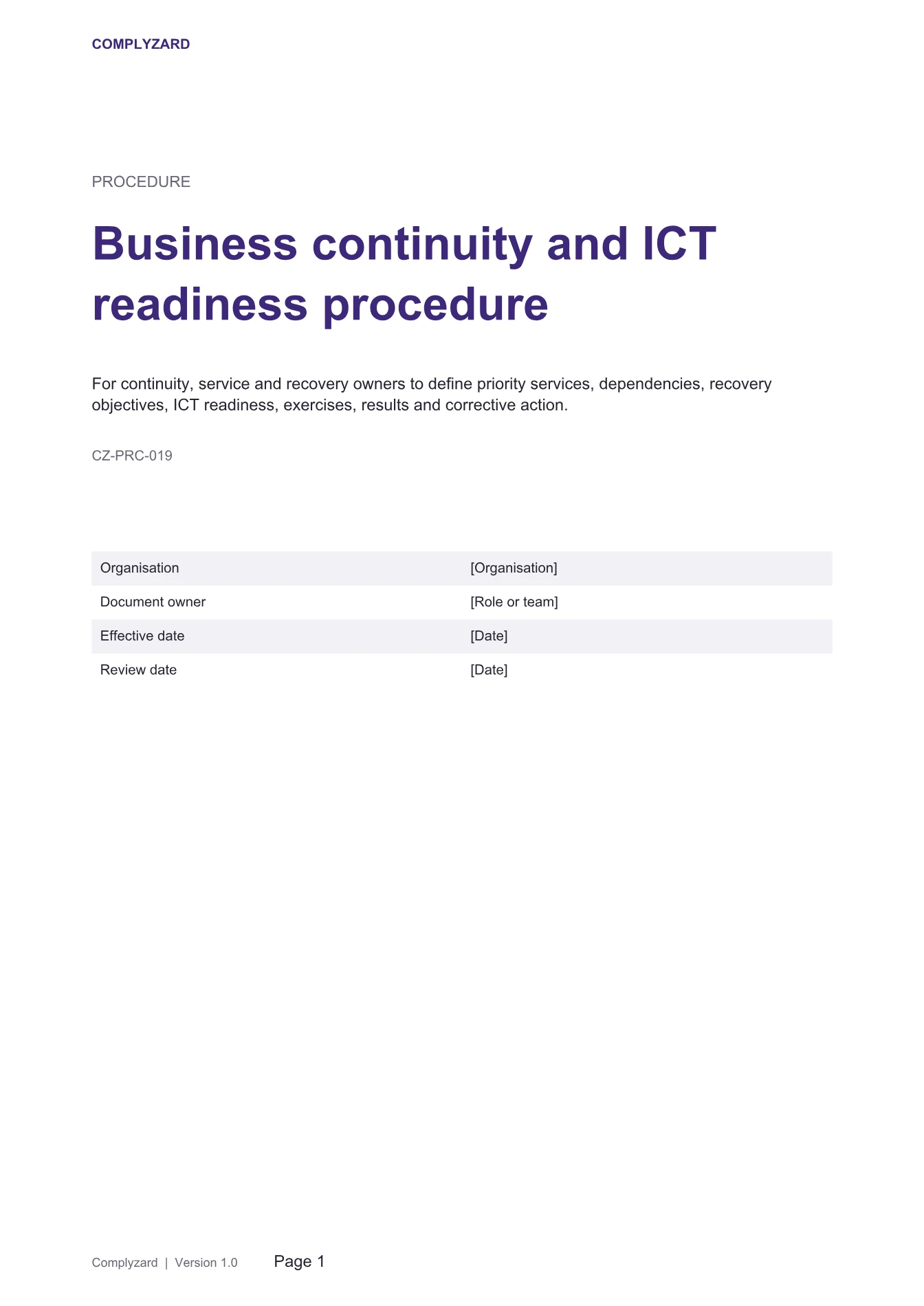 Cover of Business continuity and ICT readiness procedure