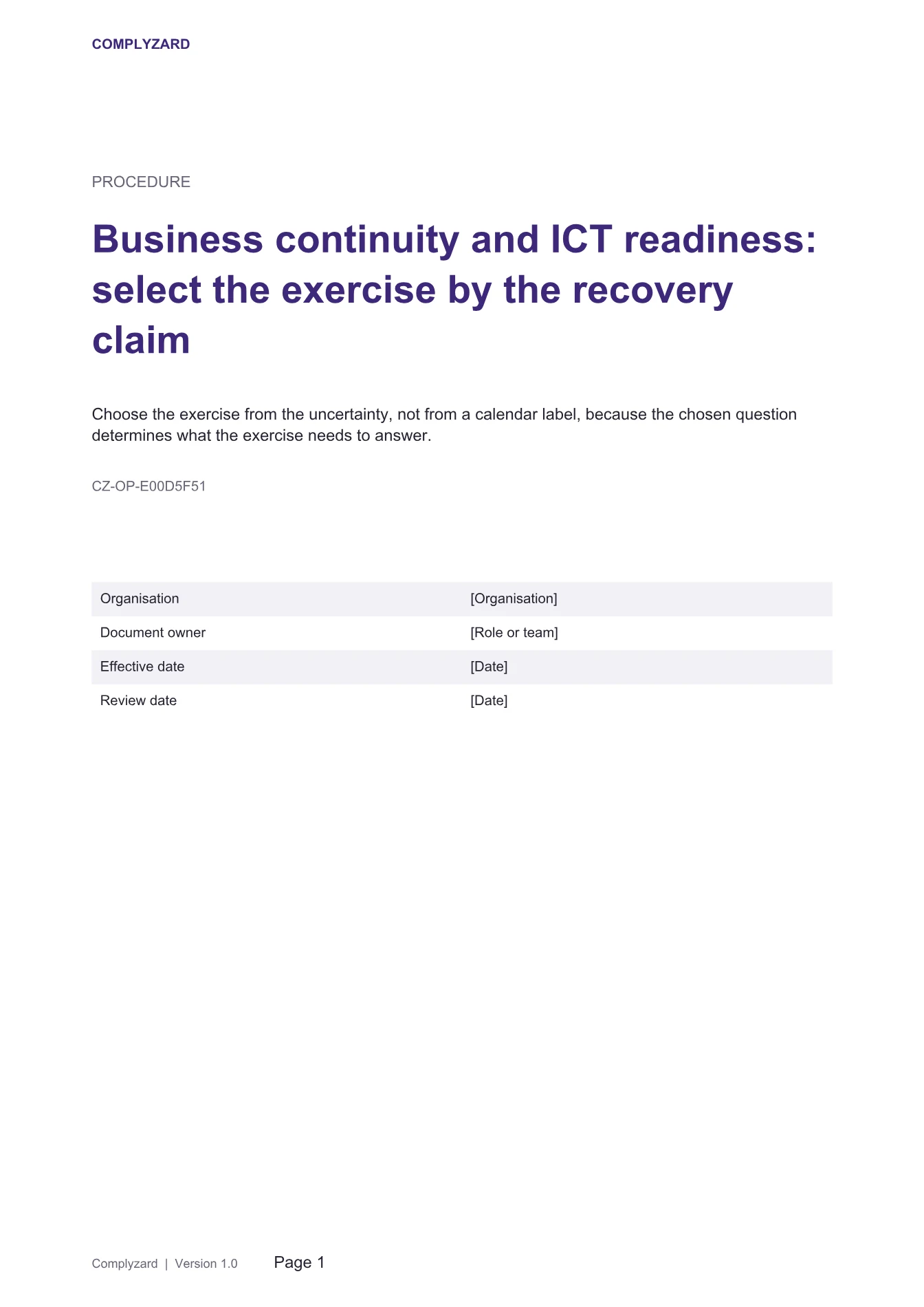 Cover of Business continuity and ICT readiness: select the exercise by the recovery claim