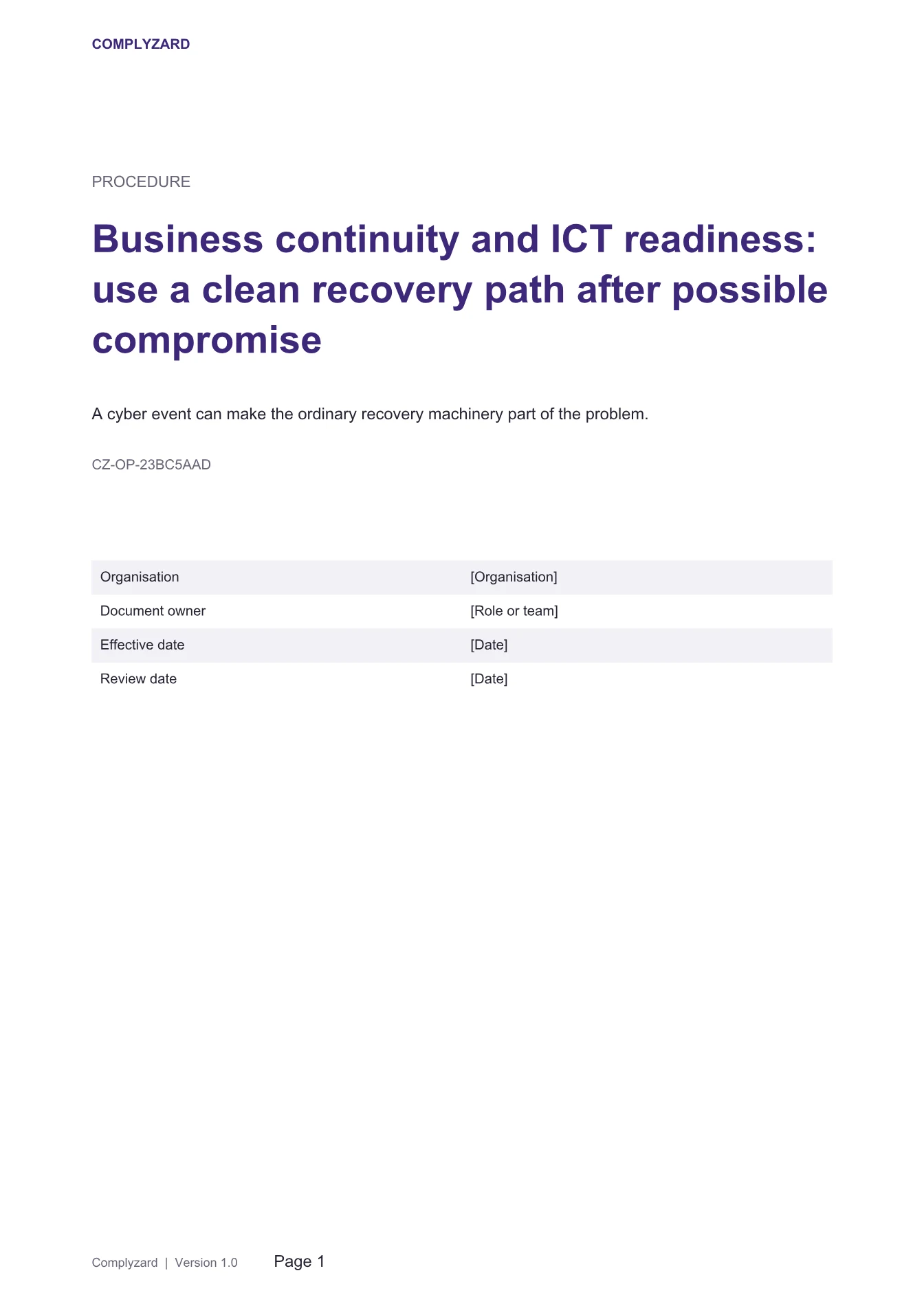 Cover of Business continuity and ICT readiness: use a clean recovery path after possible compromise
