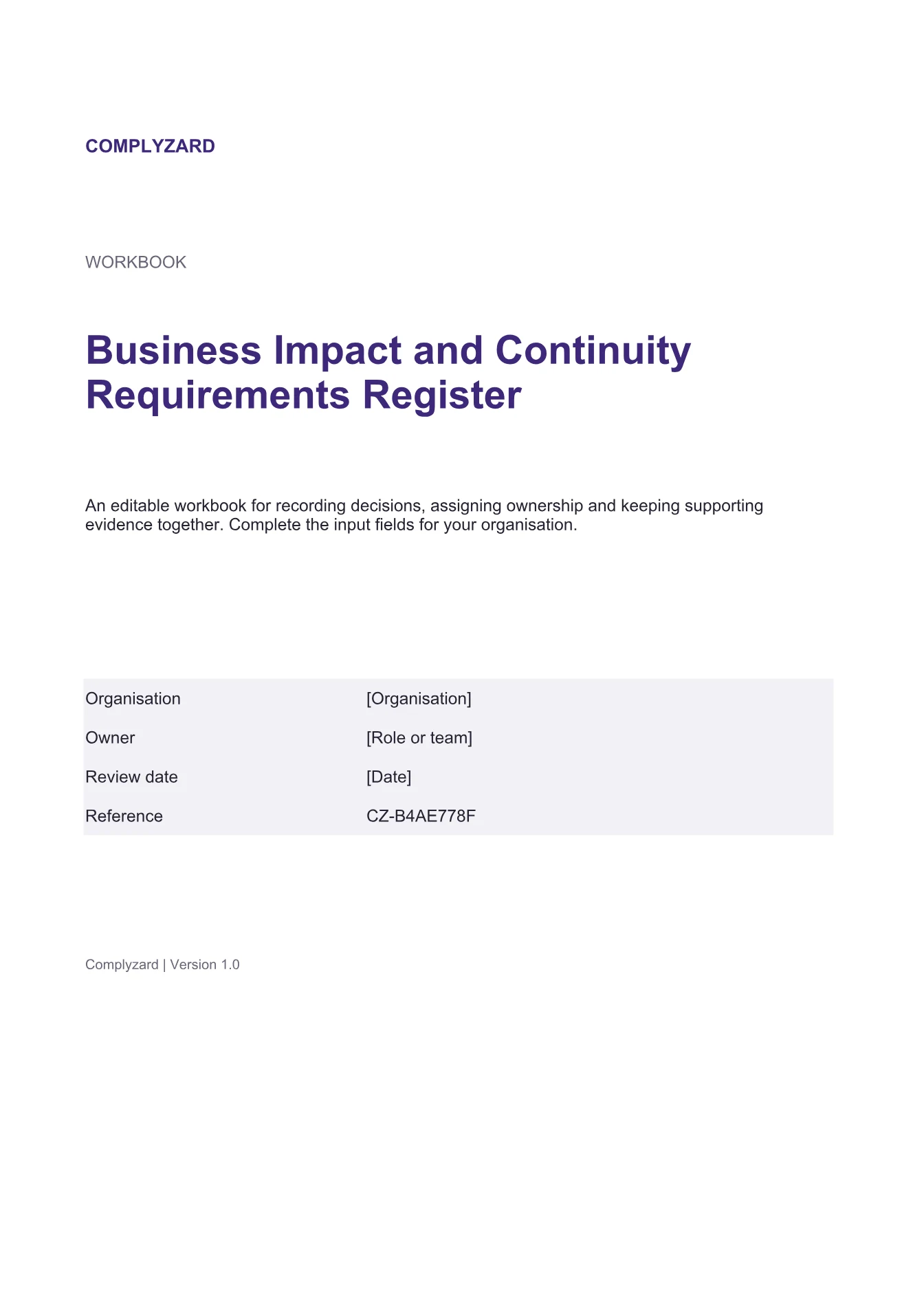 Cover of Business Impact and Continuity Requirements Register