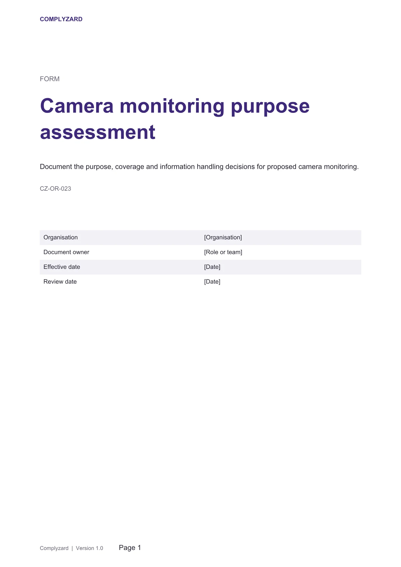 Cover of Camera monitoring purpose assessment