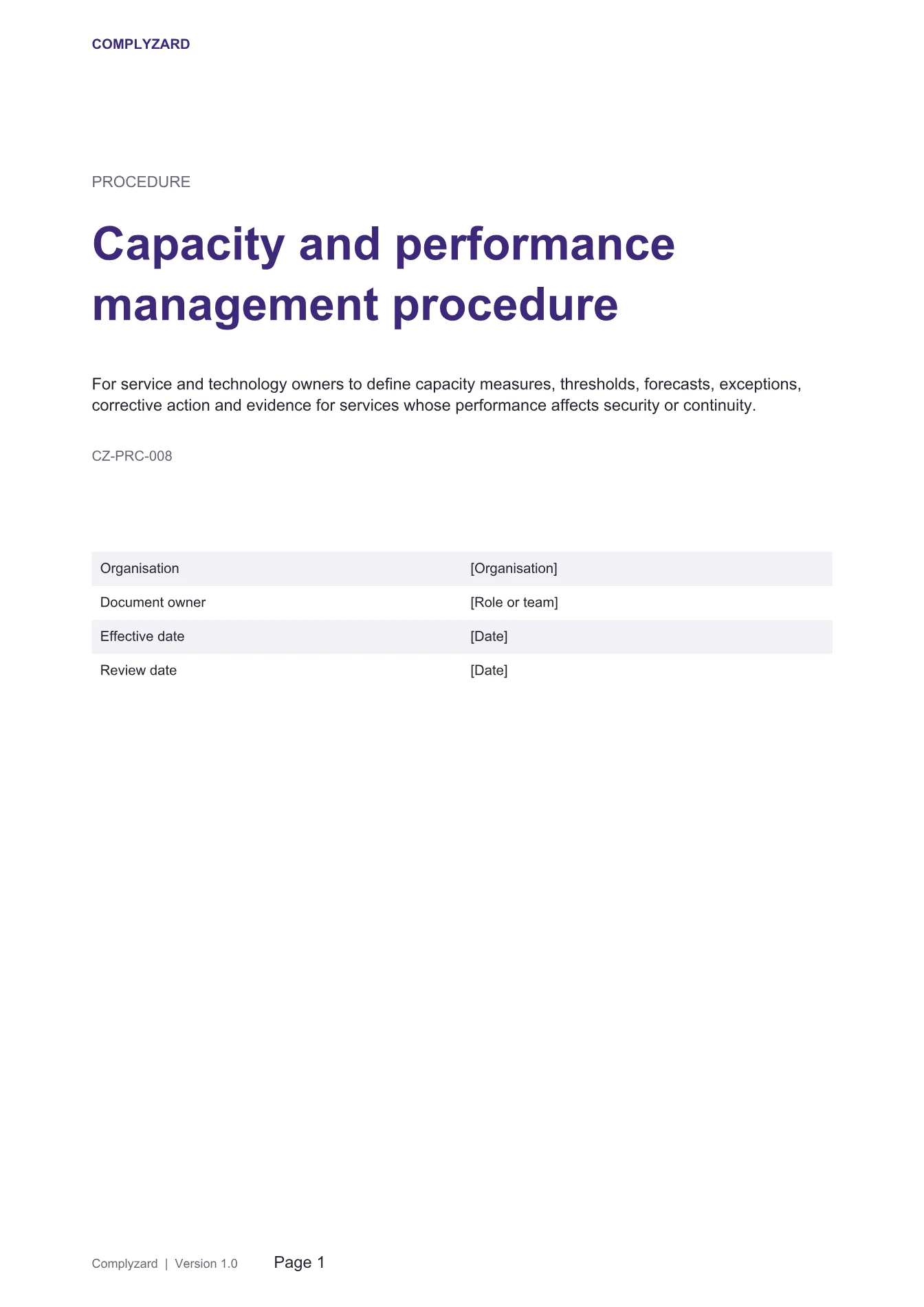 Cover of Capacity and performance management procedure