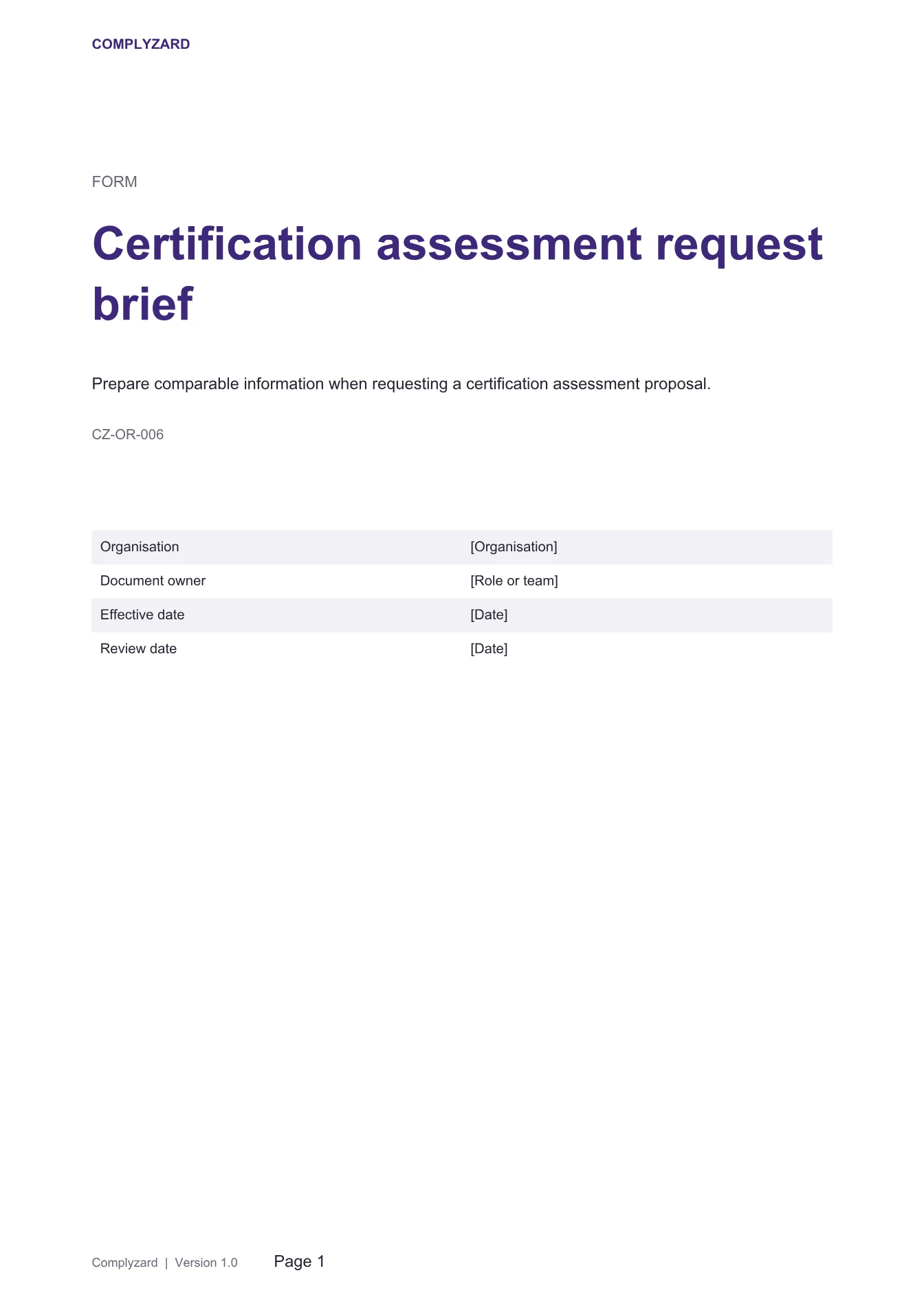 Cover of Certification assessment request brief