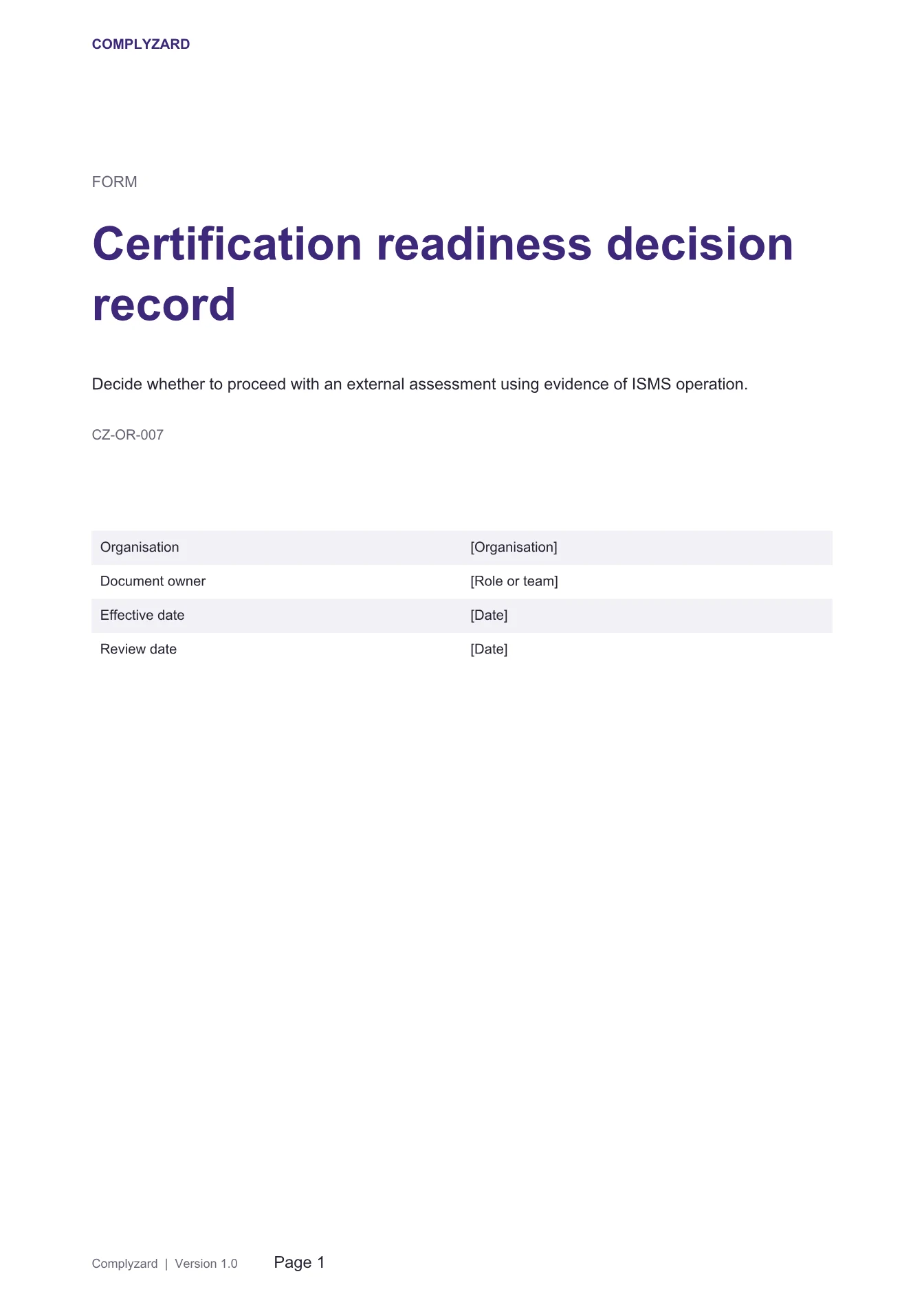 Cover of Certification readiness decision record