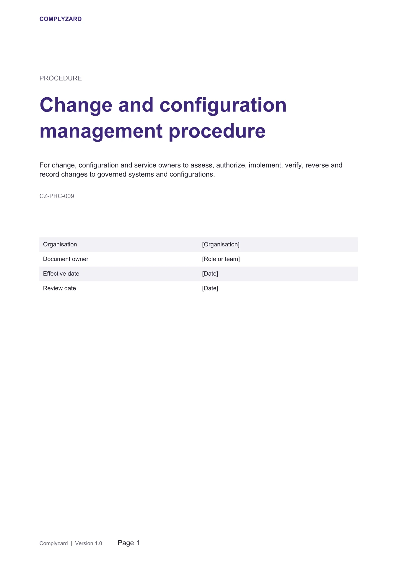 Cover of Change and configuration management procedure