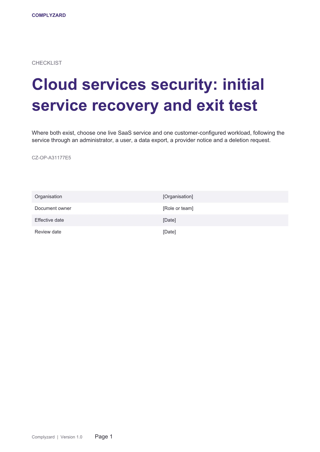 Cover of Cloud services security: initial service recovery and exit test