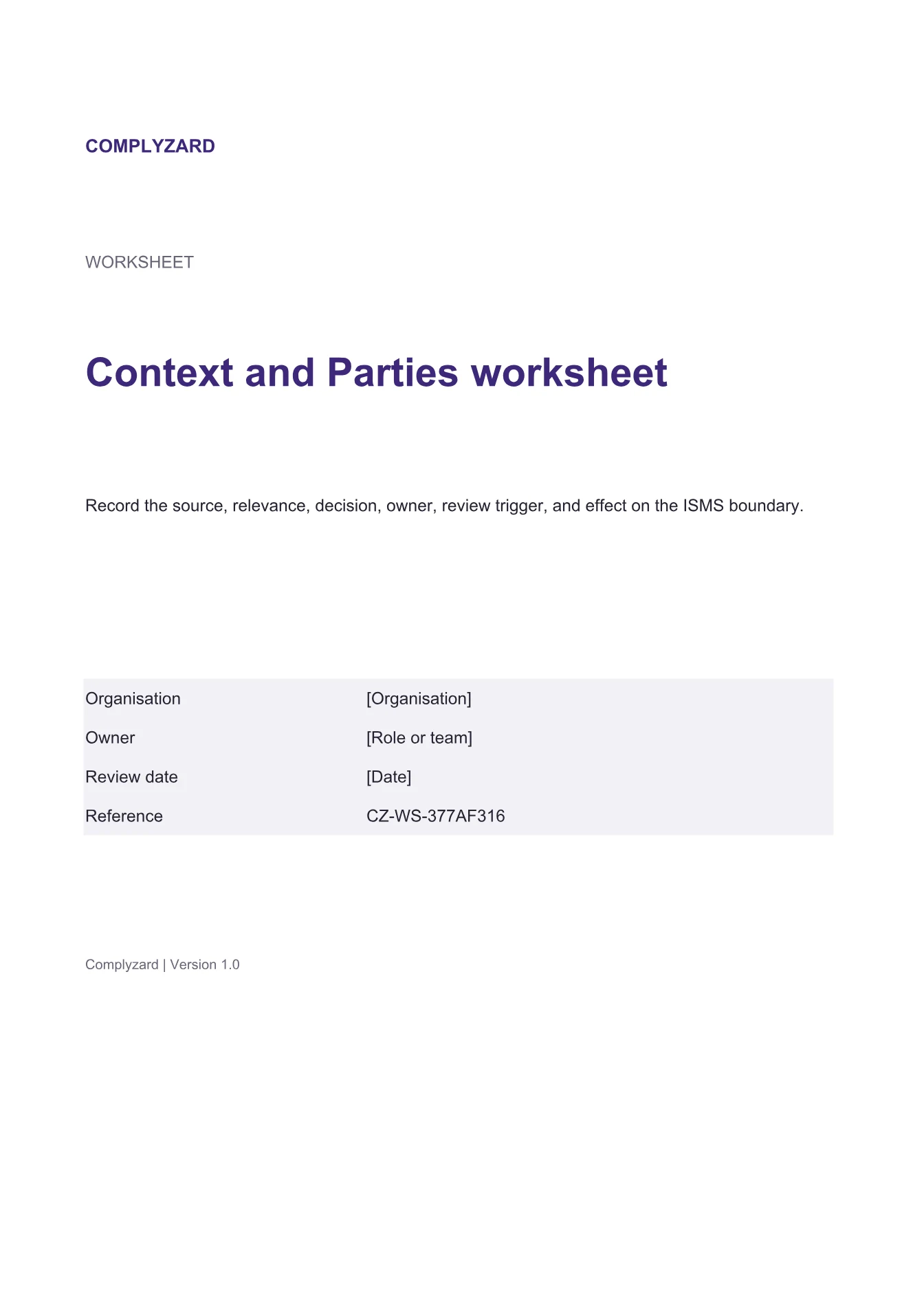 Cover of Context and Parties worksheet