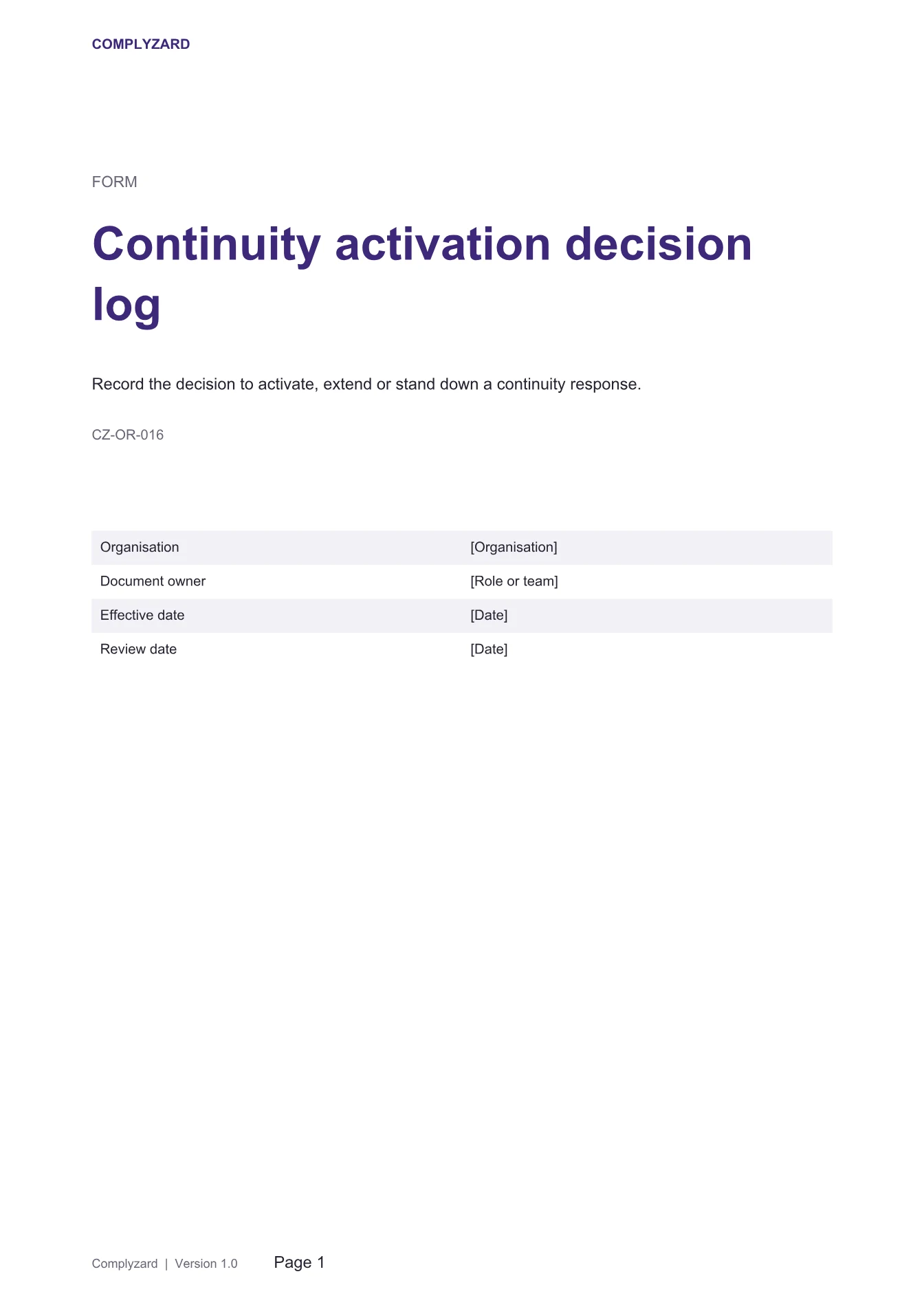 Cover of Continuity activation decision log