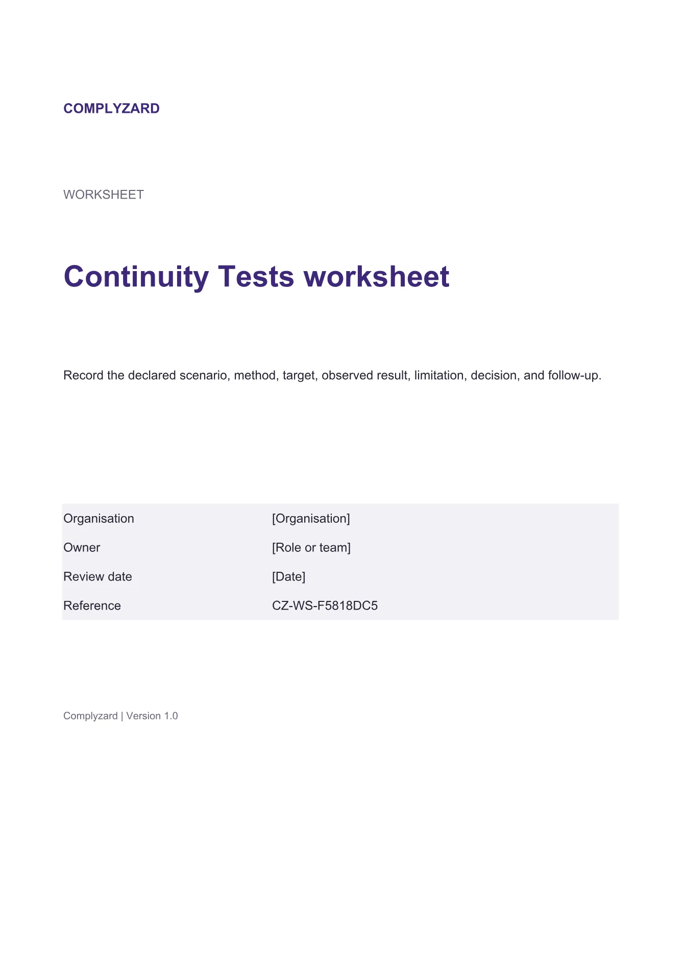Cover of Continuity Tests worksheet