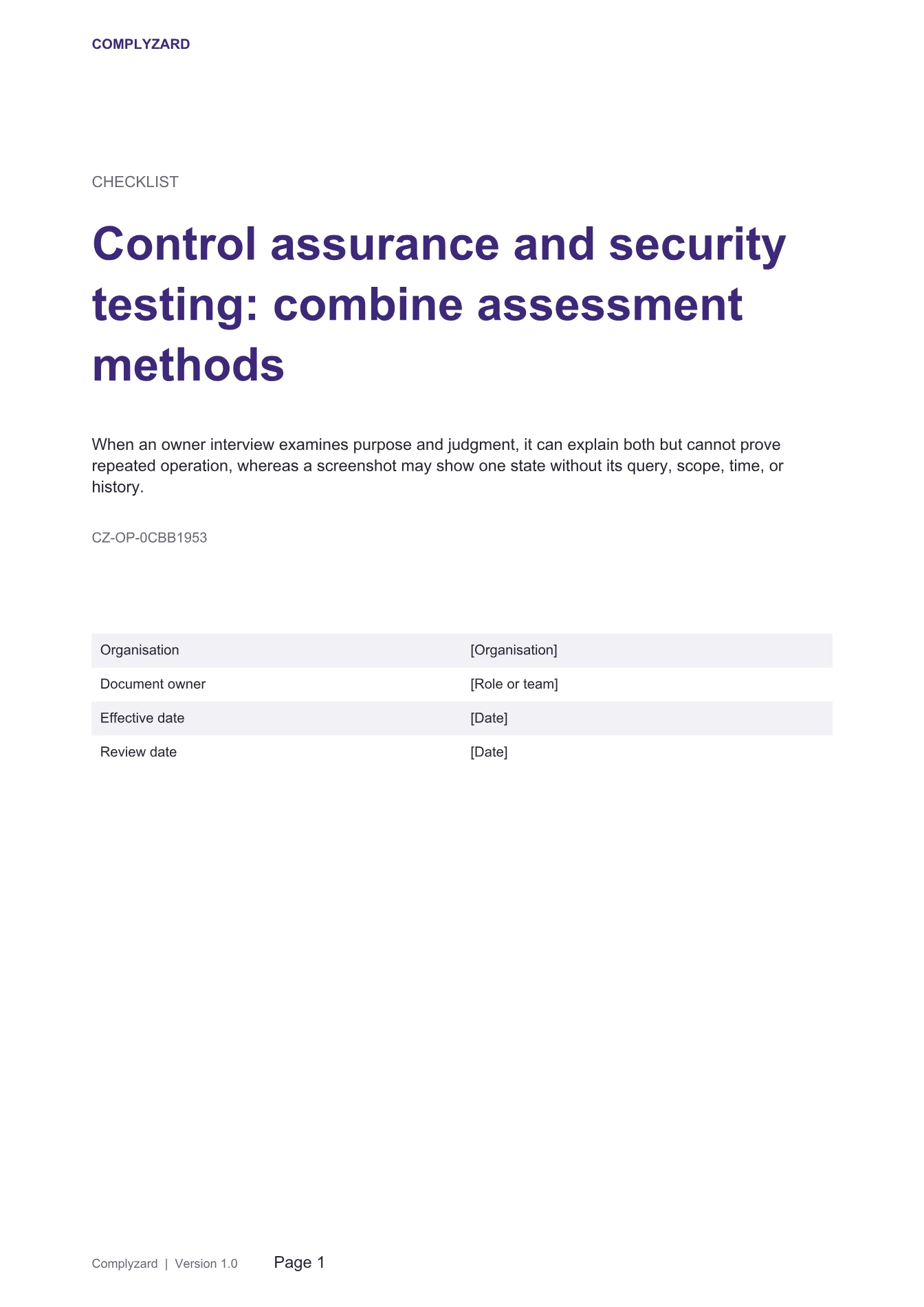 Cover of Control assurance and security testing: combine assessment methods