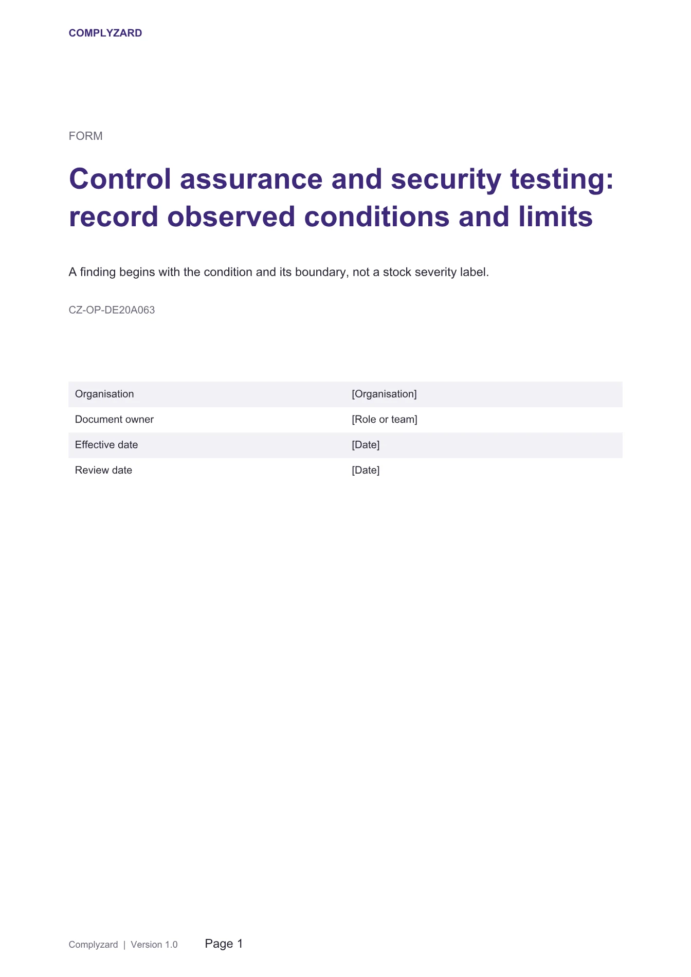 Cover of Control assurance and security testing: record observed conditions and limits