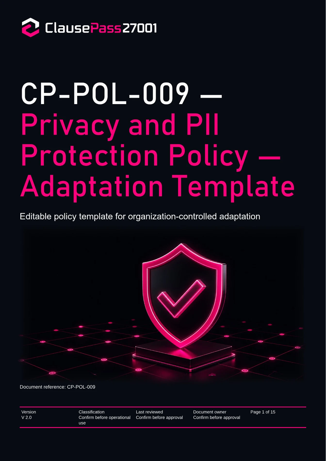 Cover of CP-POL-009 - Privacy and PII Protection Policy