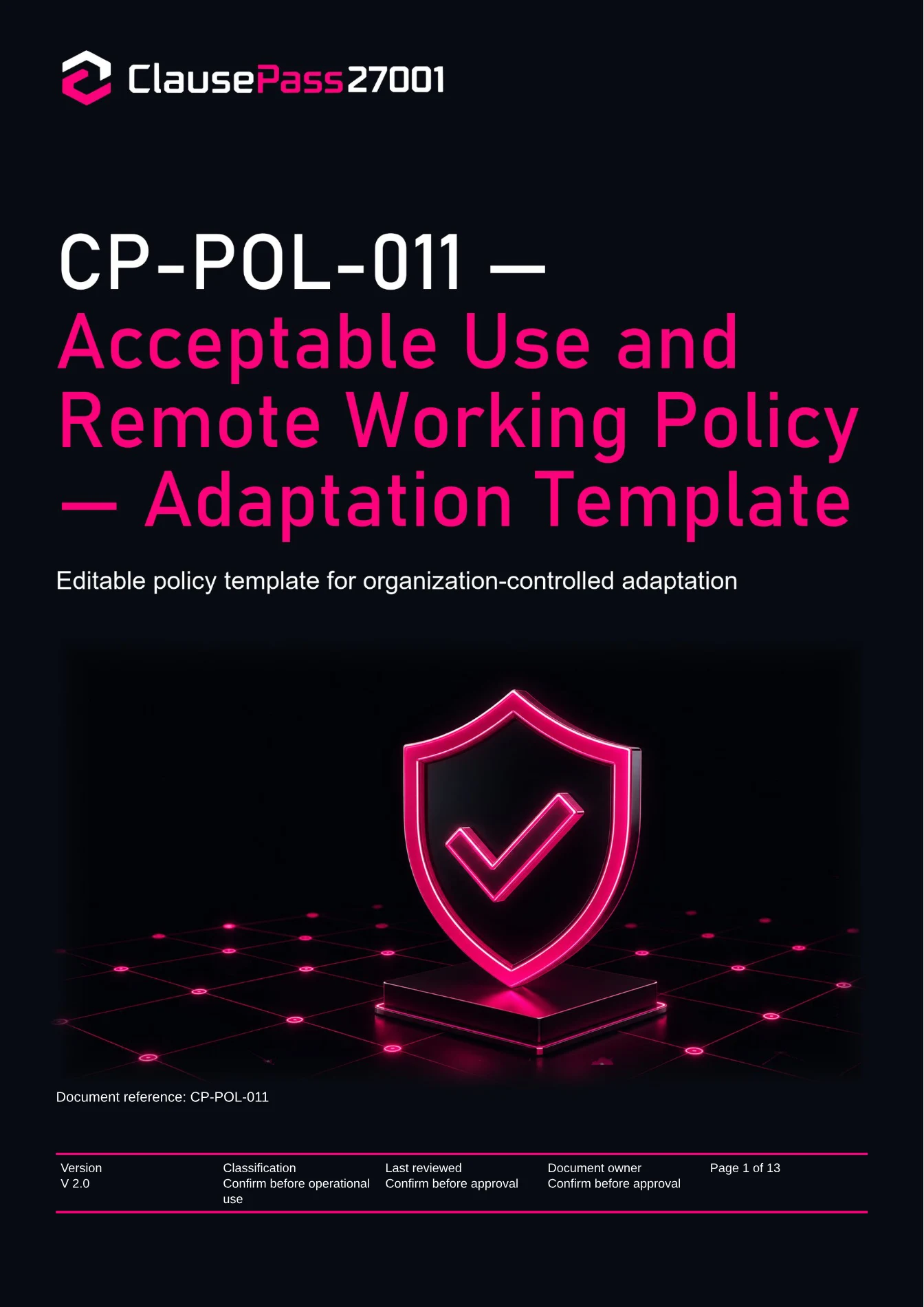 Cover of CP-POL-011 - Acceptable Use and Remote Working Policy