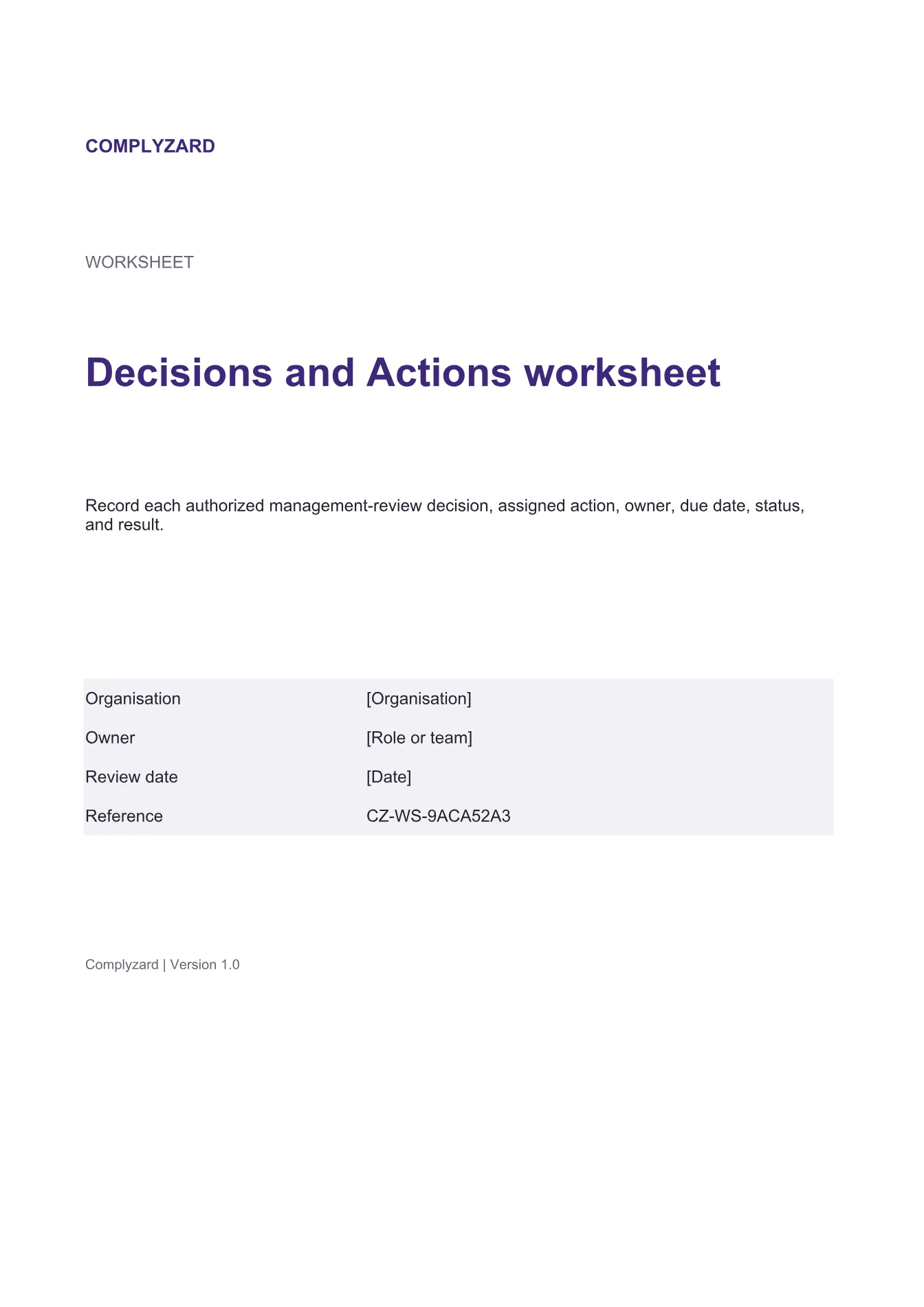 Cover of Decisions and Actions worksheet