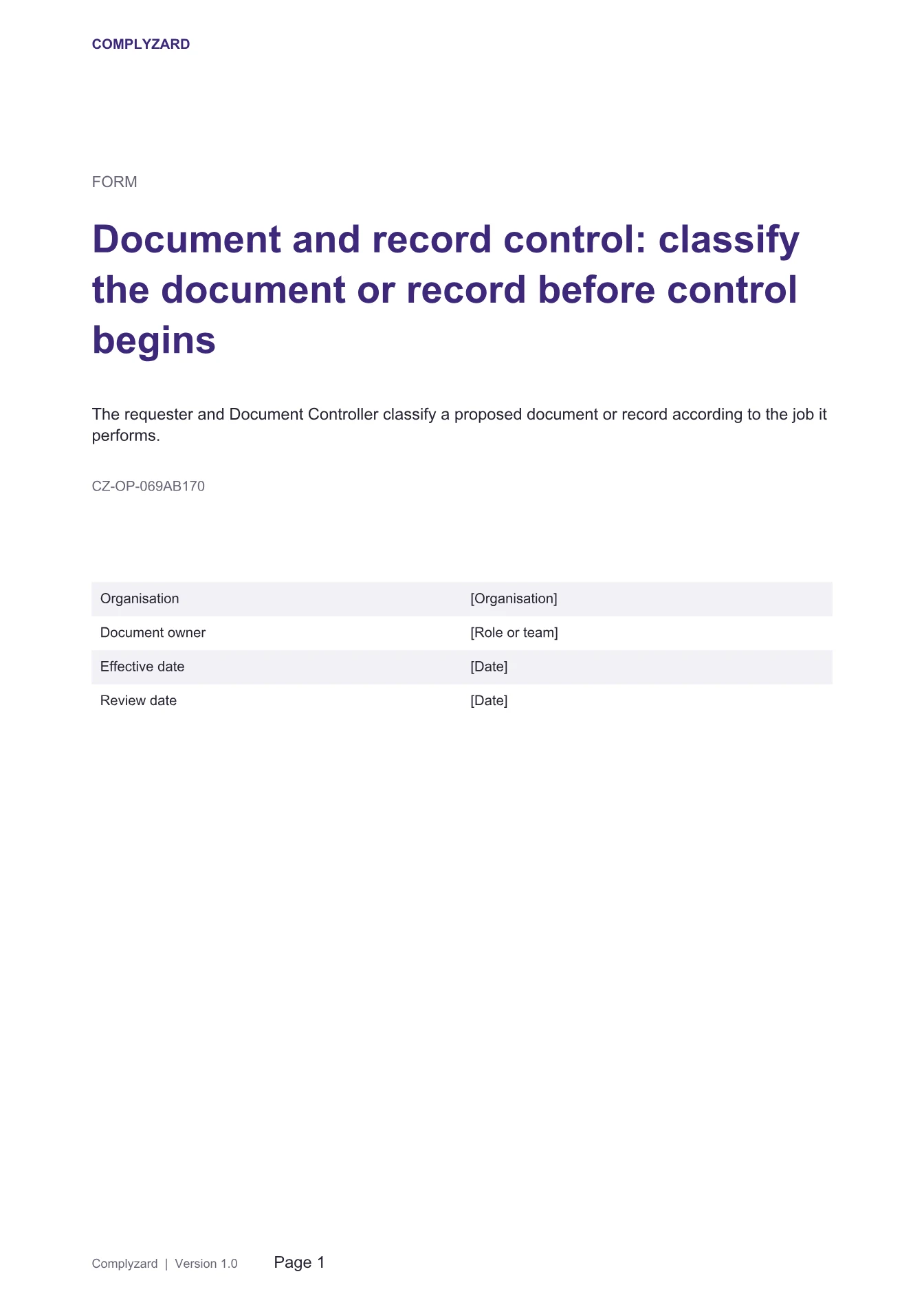 Cover of Document and record control: classify the document or record before control begins