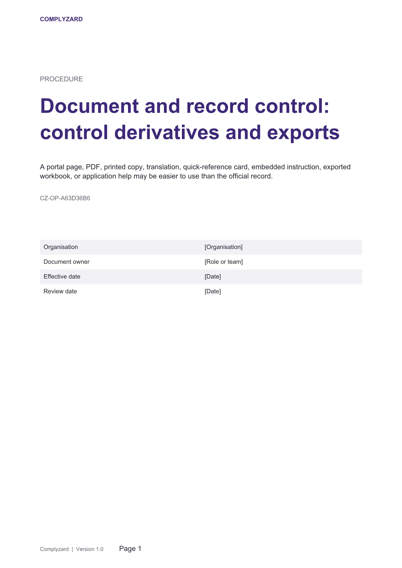 Cover of Document and record control: control derivatives and exports
