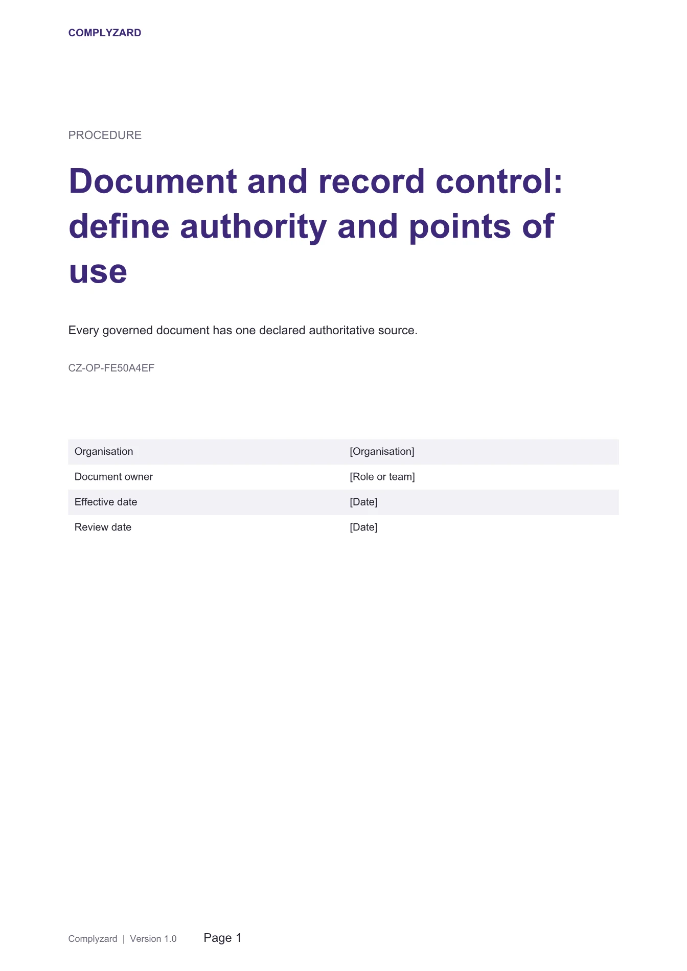 Cover of Document and record control: define authority and points of use