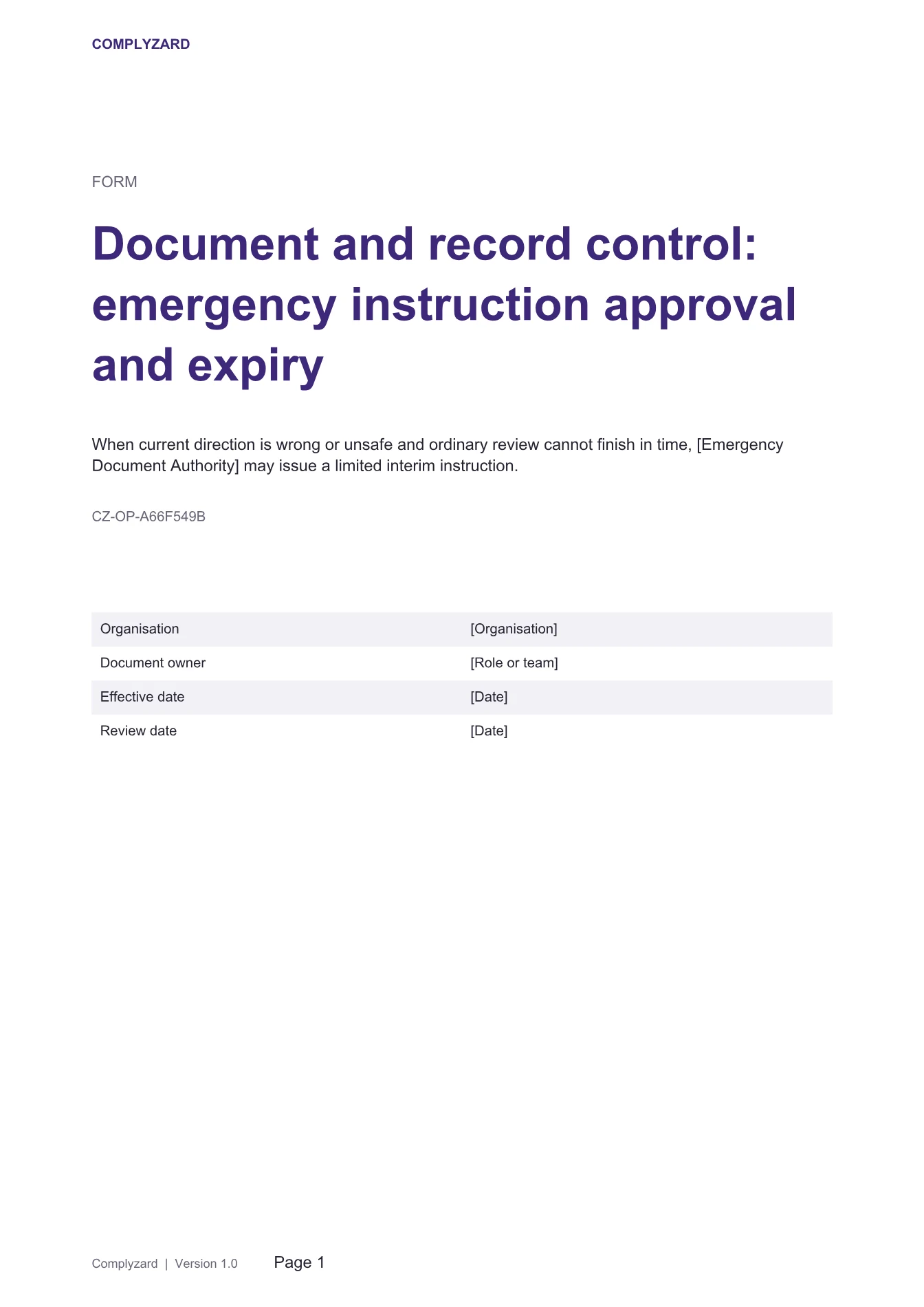 Cover of Document and record control: emergency instruction approval and expiry