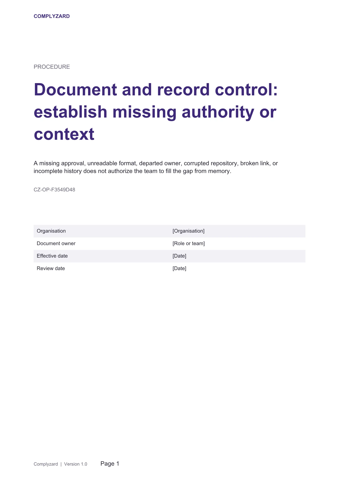 Cover of Document and record control: establish missing authority or context