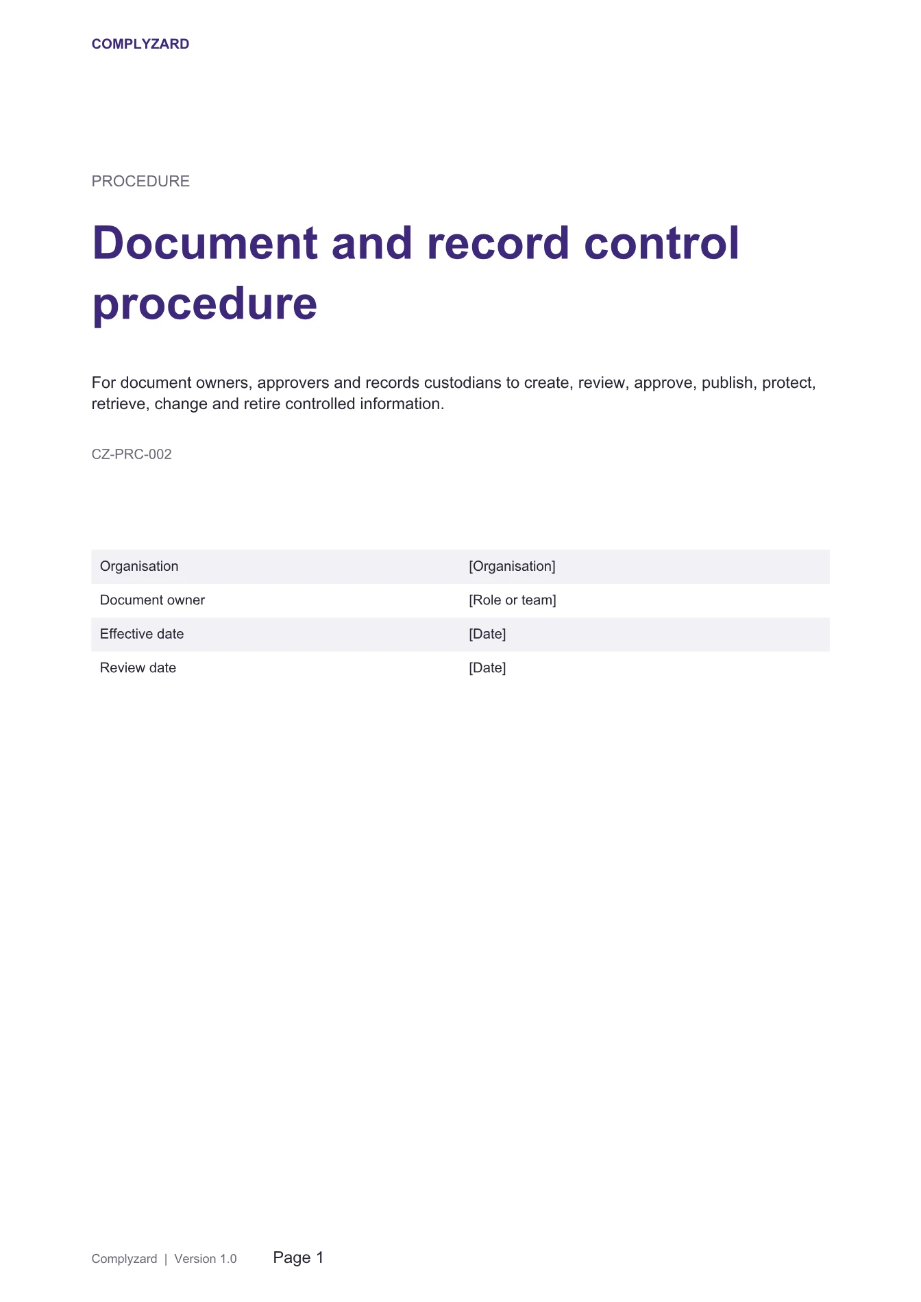 Cover of Document and record control procedure