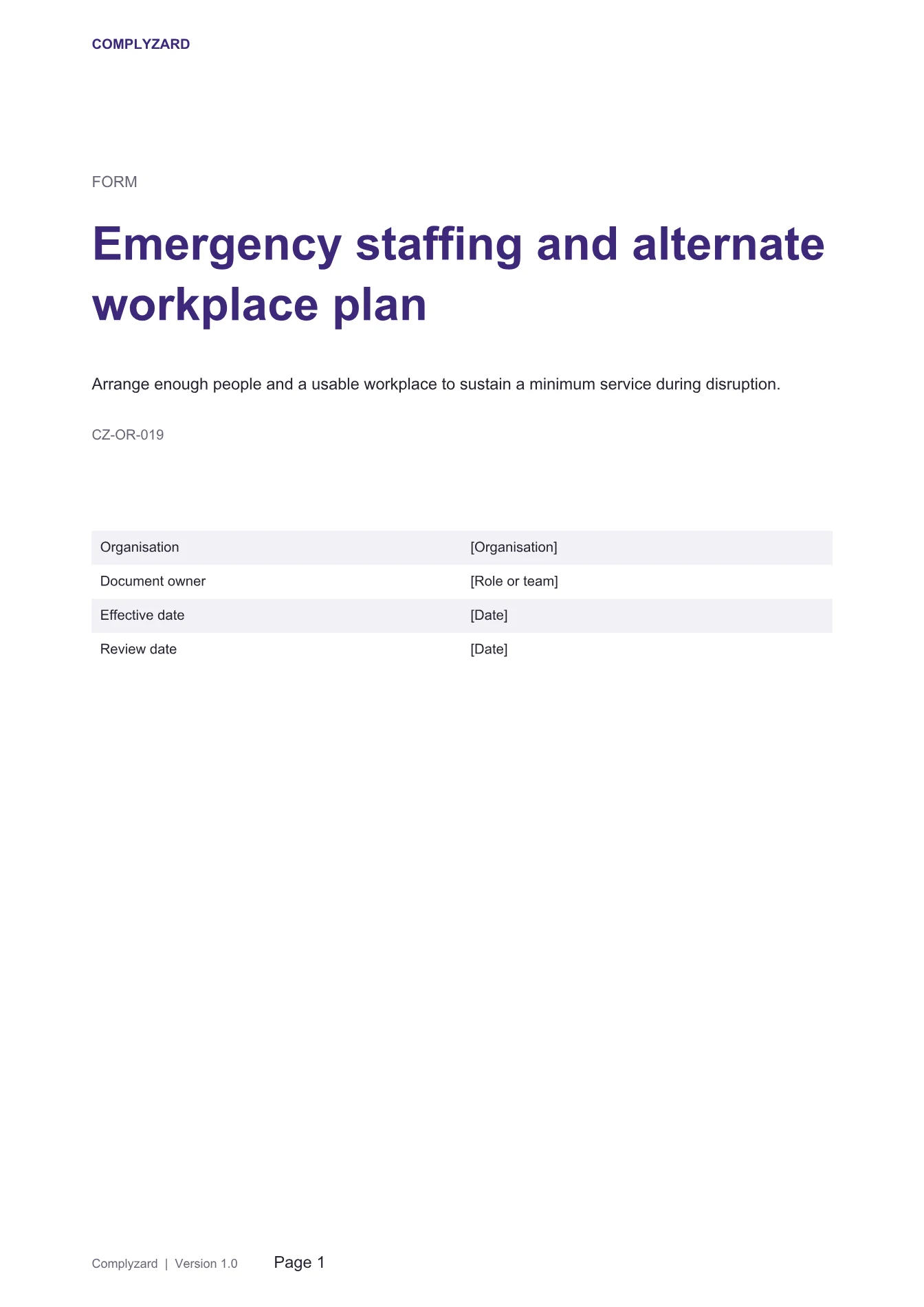Cover of Emergency staffing and alternate workplace plan