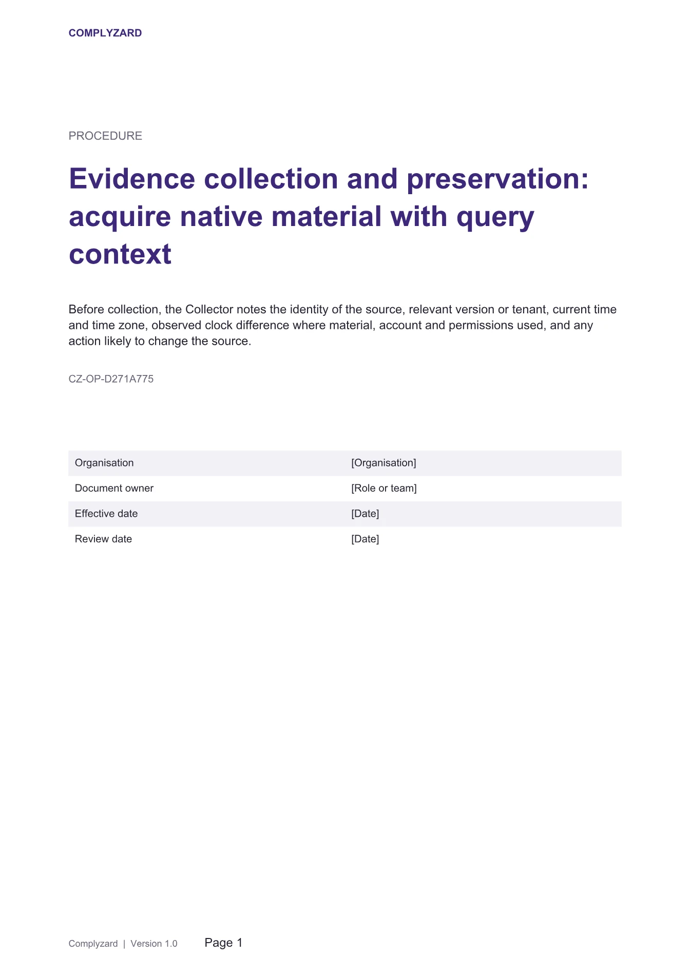 Cover of Evidence collection and preservation: acquire native material with query context