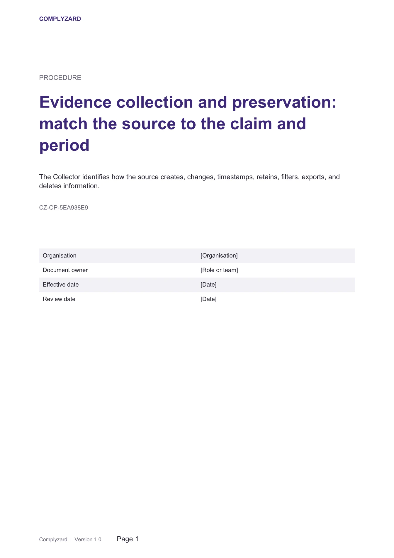 Cover of Evidence collection and preservation: match the source to the claim and period