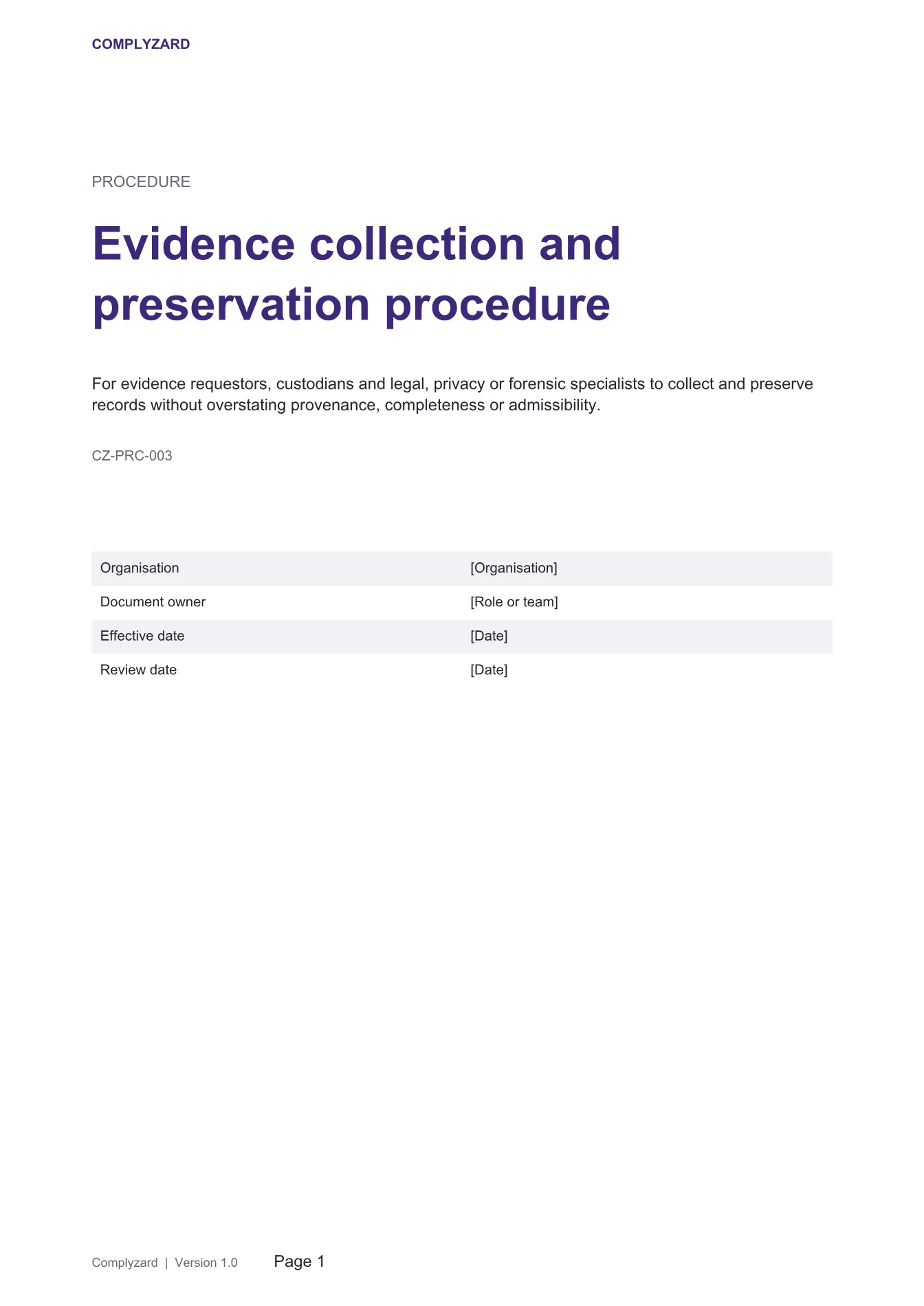 Cover of Evidence collection and preservation procedure