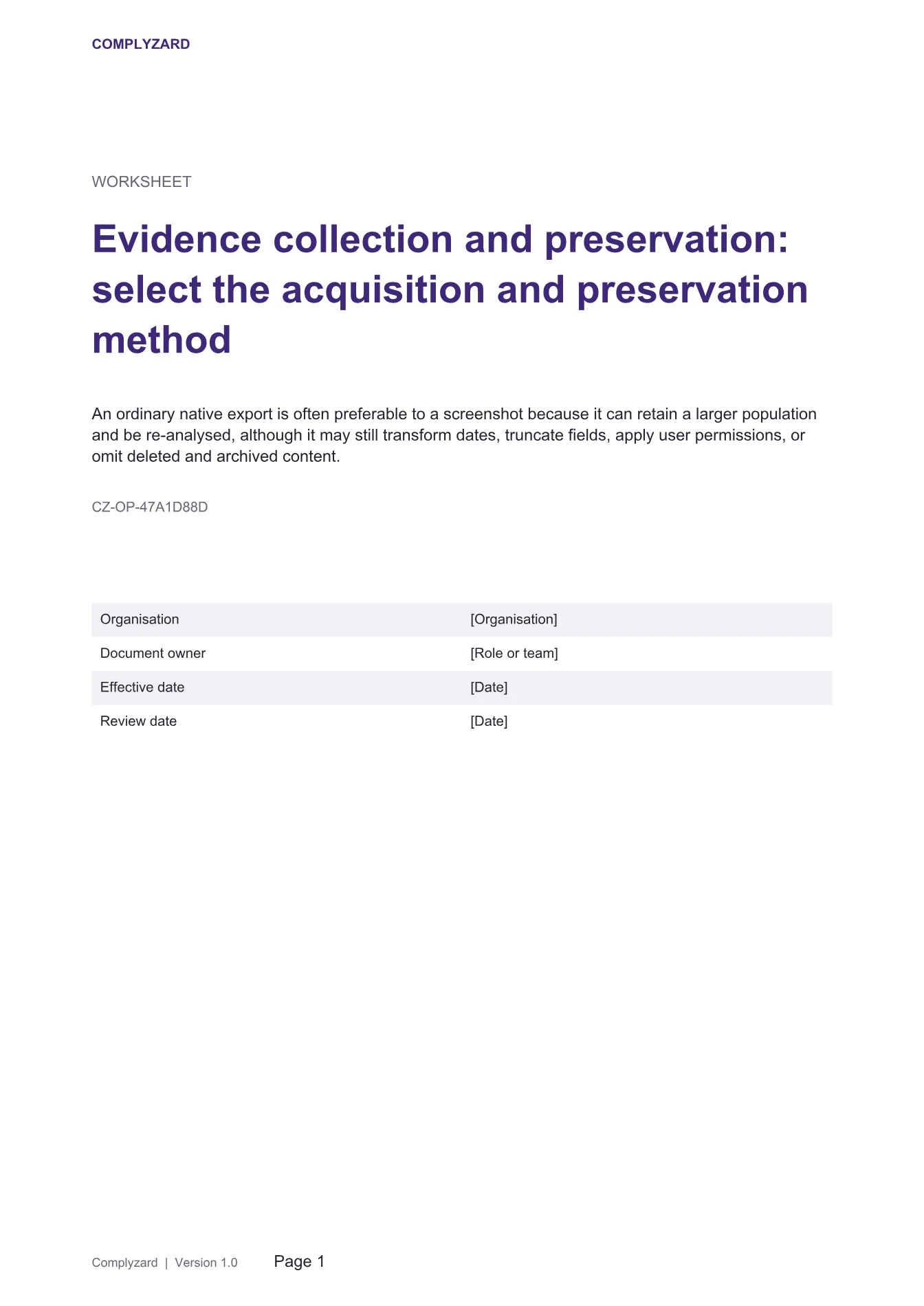 Cover of Evidence collection and preservation: select the acquisition and preservation method